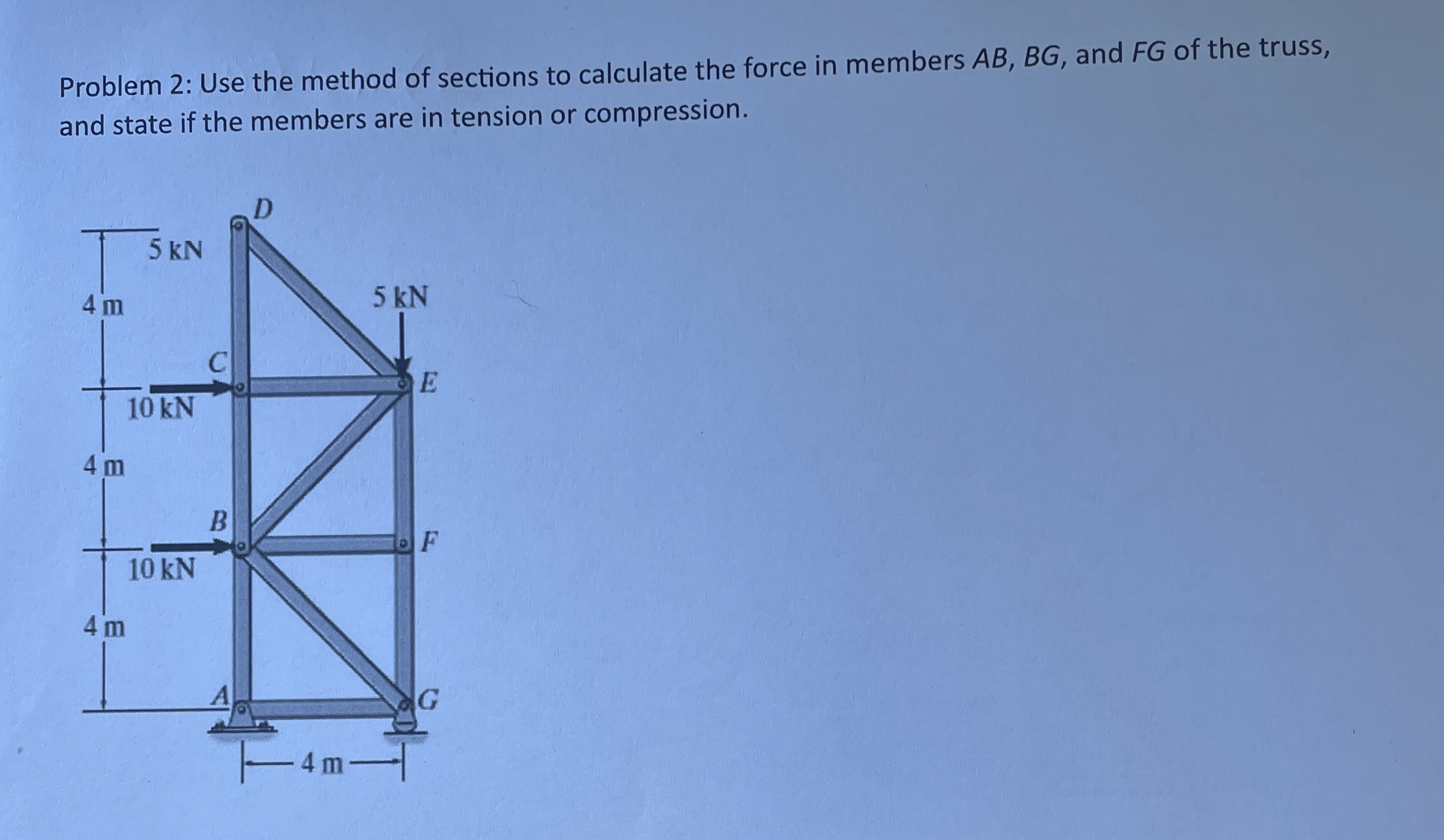 Problem 2 : Use the method of sections to