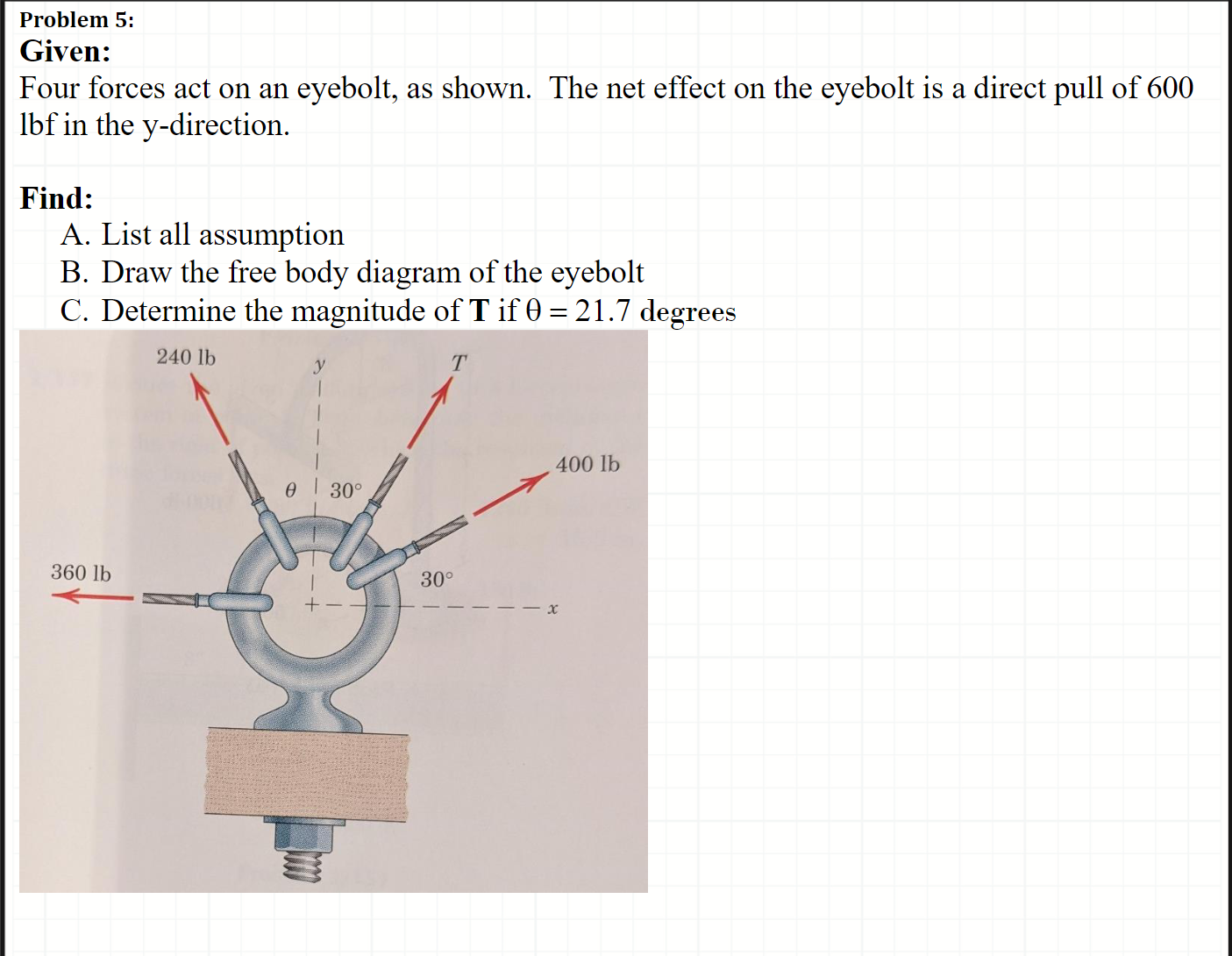 Problem 5 : Given: Four forces act on an eyebolt,