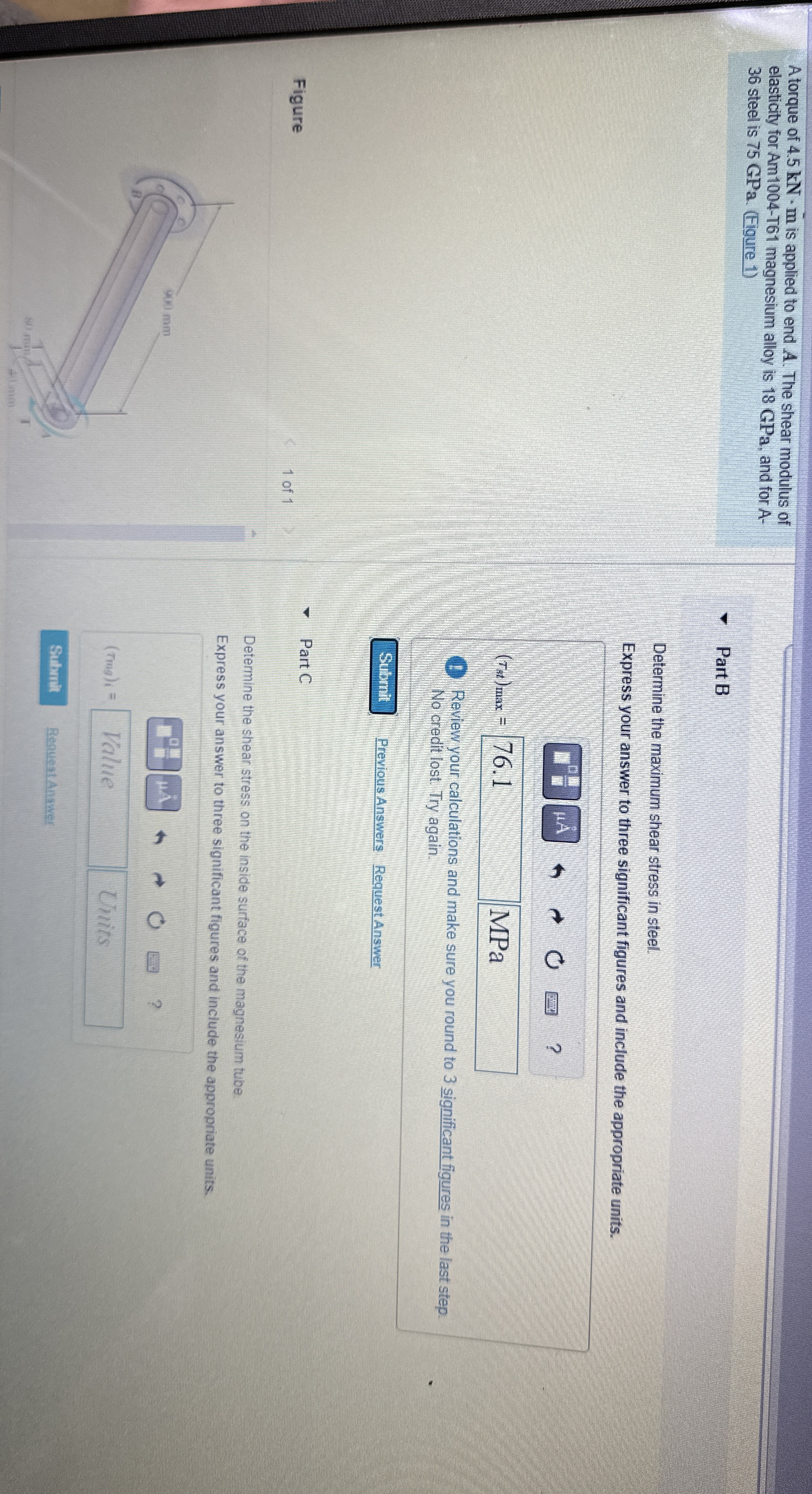 A torque of 4 . 5 k N * m is applied to end A .