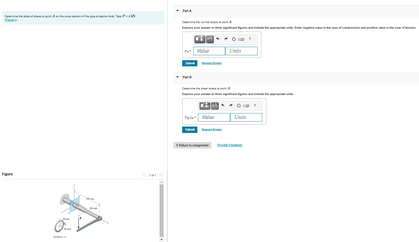 Determine the state of stress at point \ ( A \ )