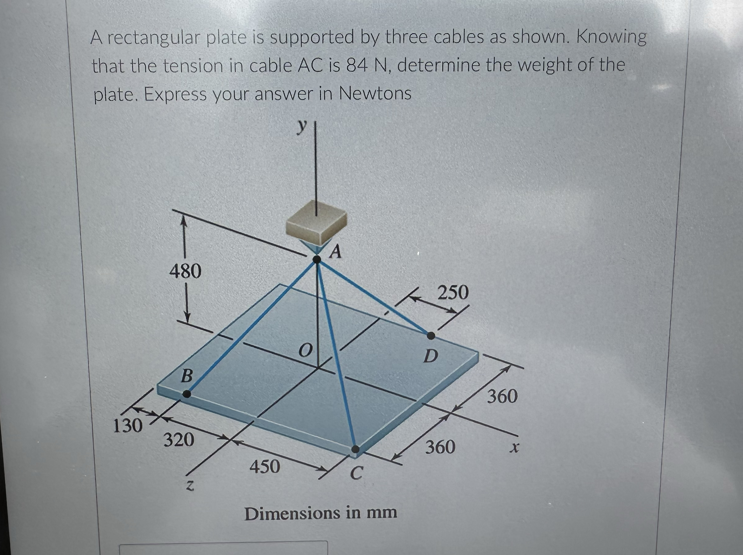 A rectangular plate is supported by three cables