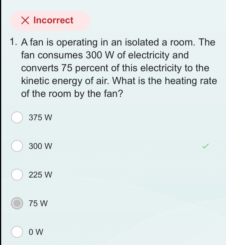 x Incorrect A fan is operating in an isolated a