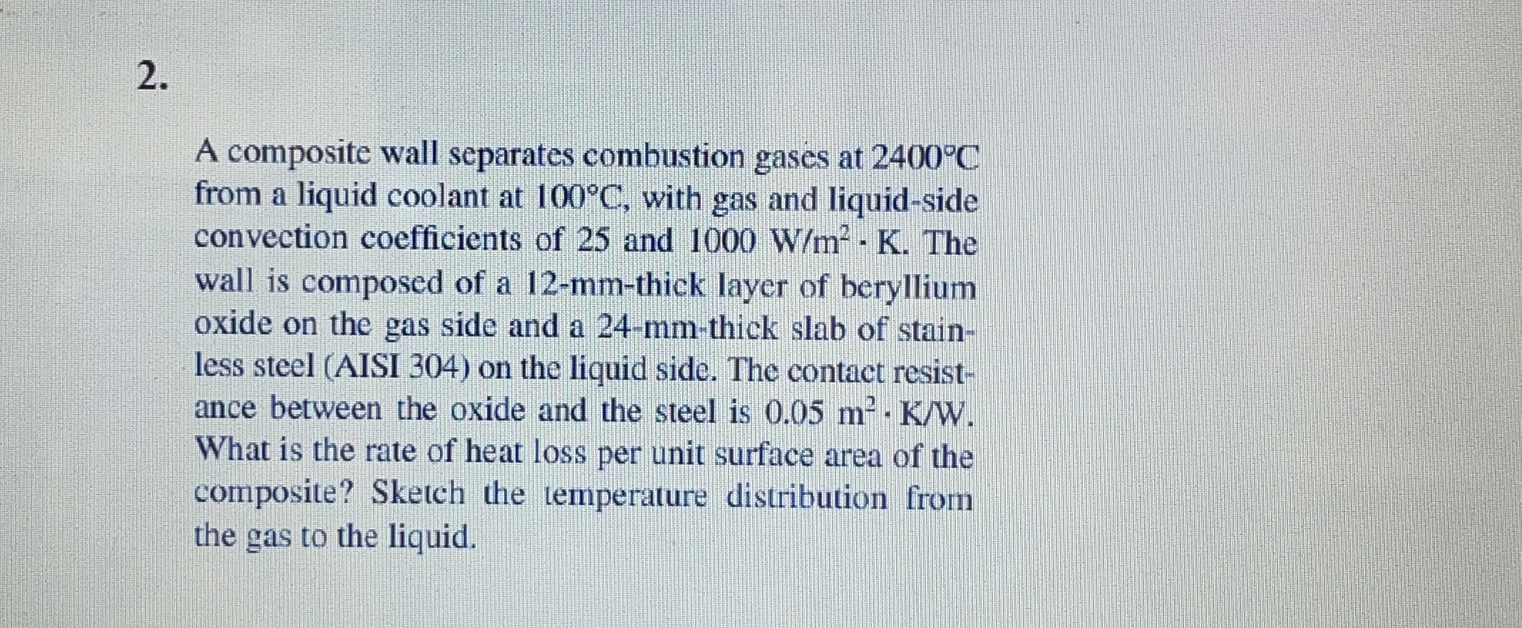 A composite wall separates combustion gases at 2
