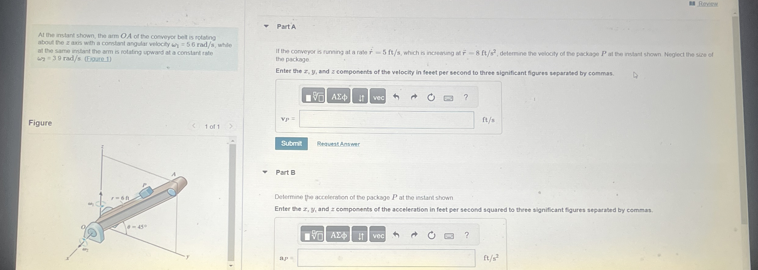 Review At the instant shown, the arm O A of the