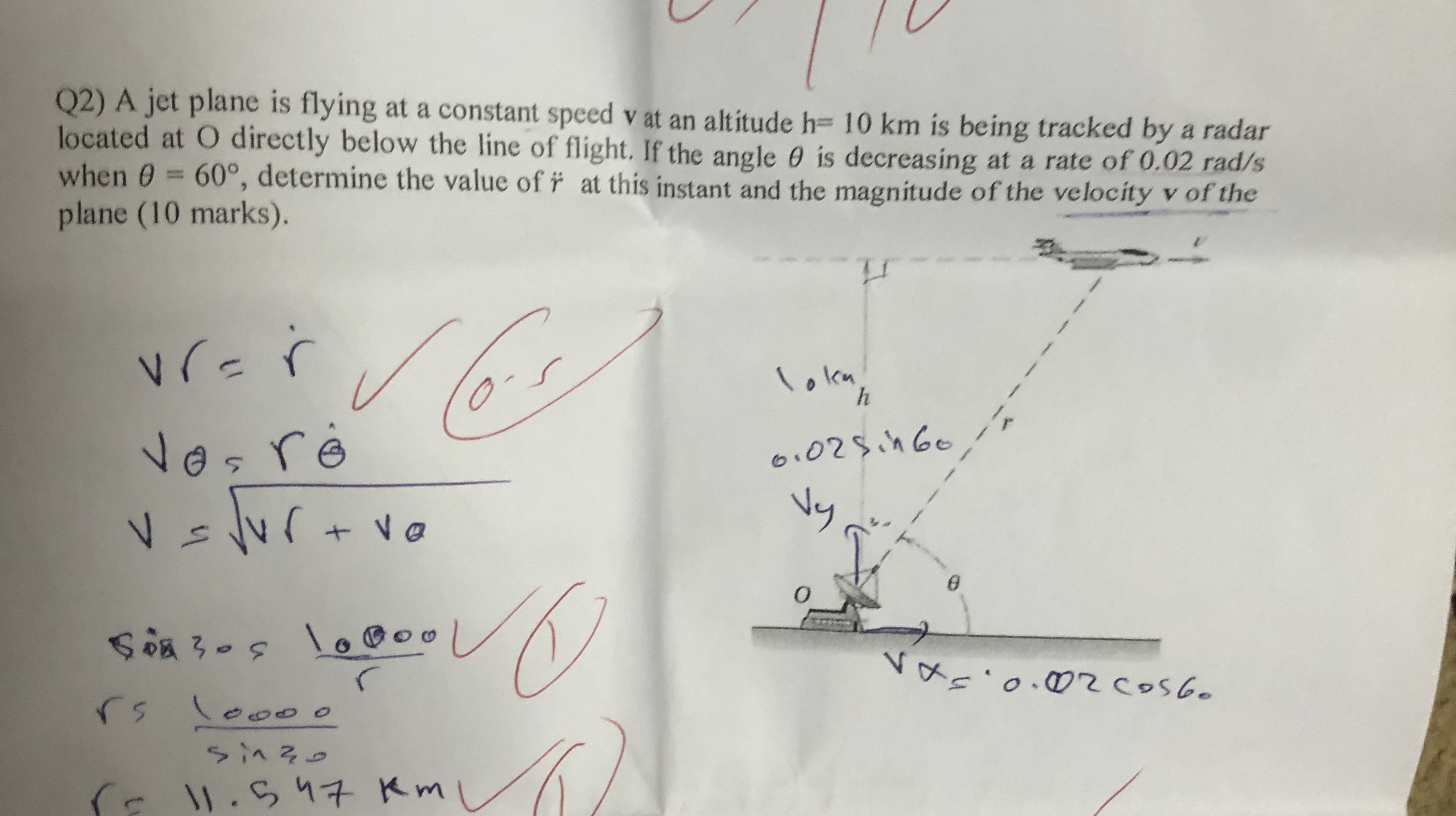 Q 2 ) A jet plane is flying at a constant speed v