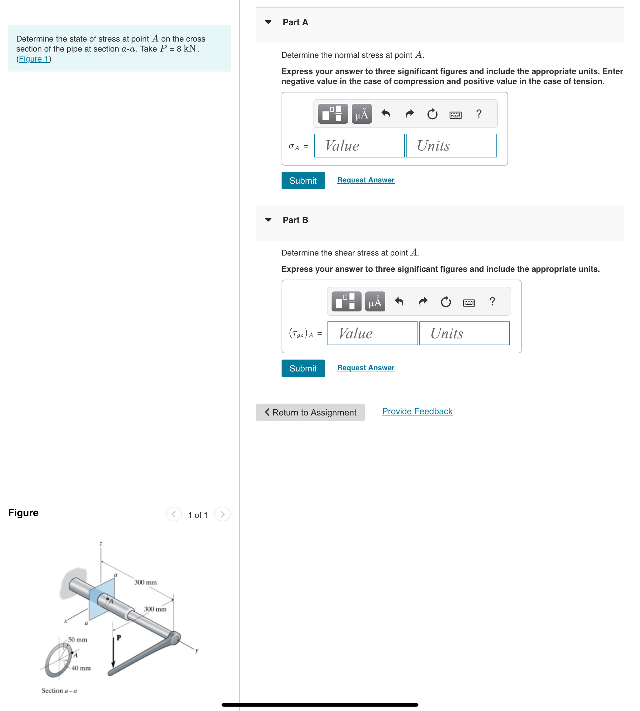 Part A Determine the state of stress at point A
