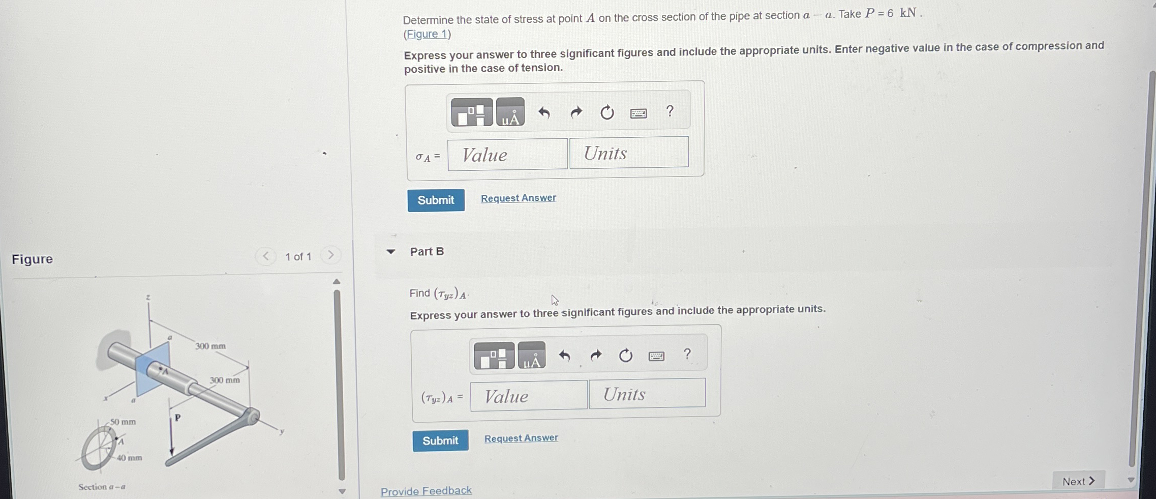 Determine the state of stress at point A on the