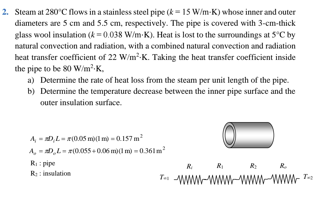 Steam at 2 8 0 C flows in a stainless steel pipe