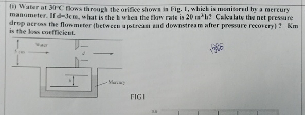 ( i ) Water at 3 0 C flows through the orifice
