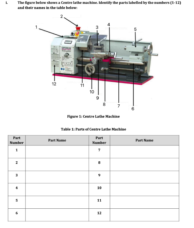 i . The figure below shows a Centre lathe