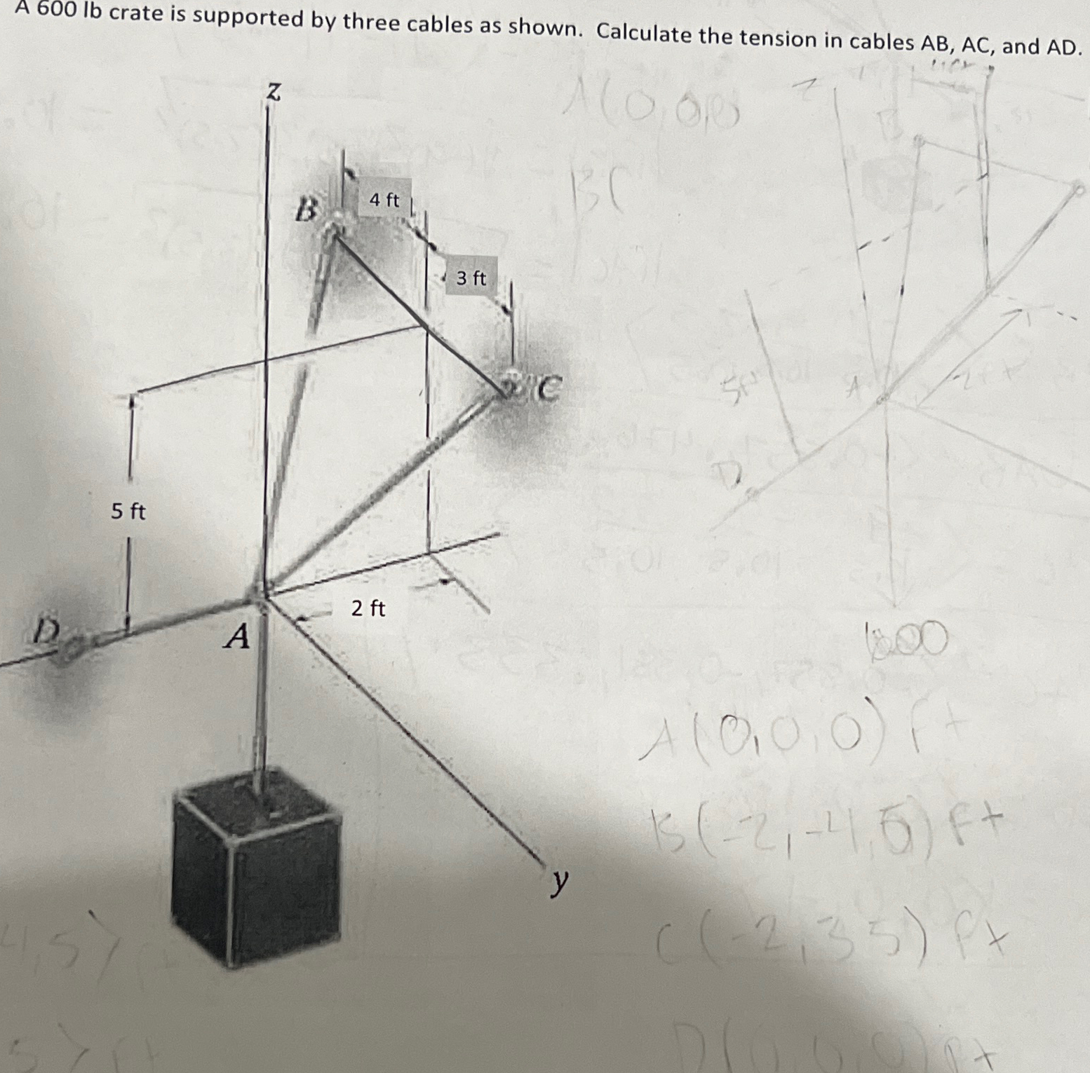 A 6 0 0 l b crate is supported by three cables as