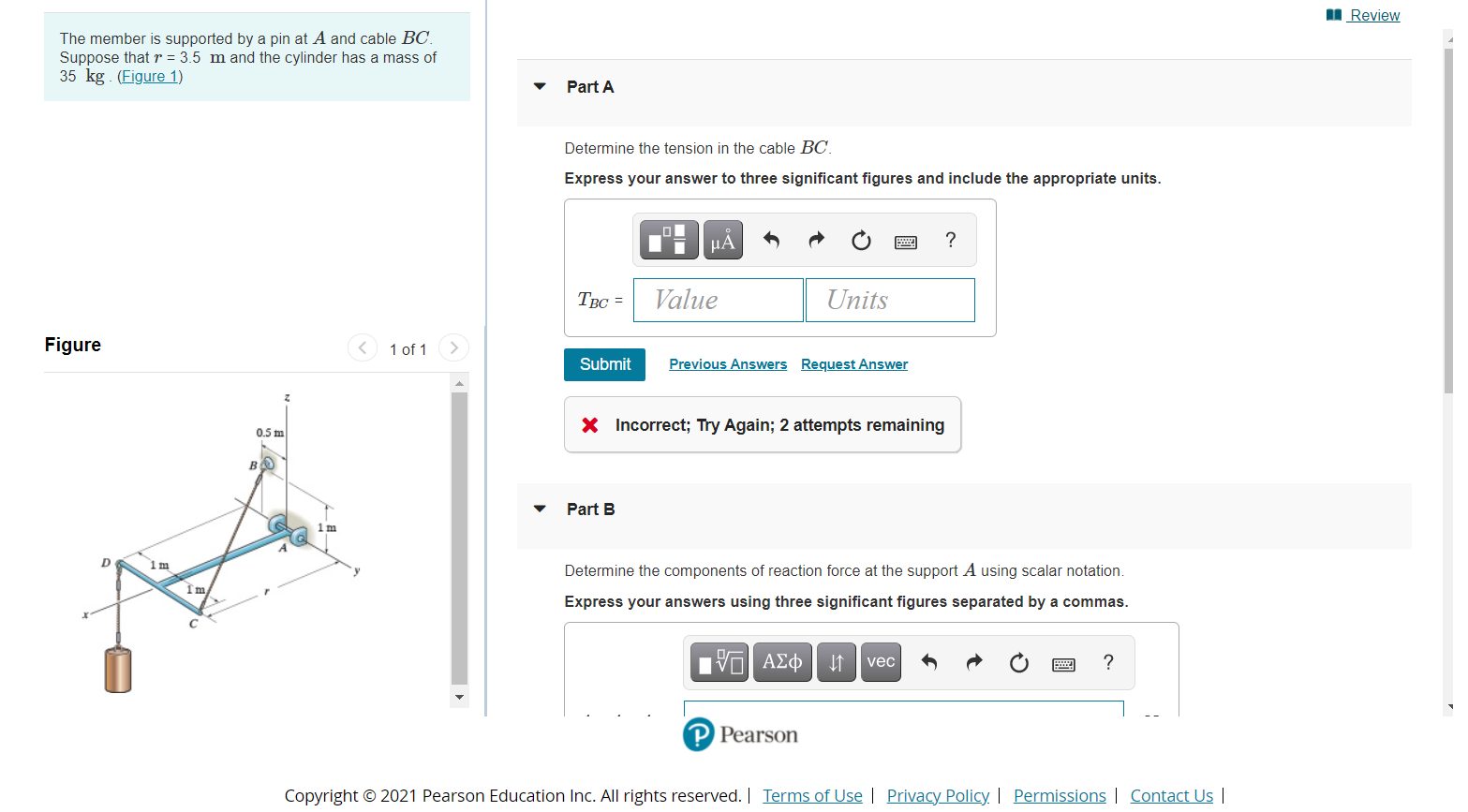The member is supported by a pin at A and cable