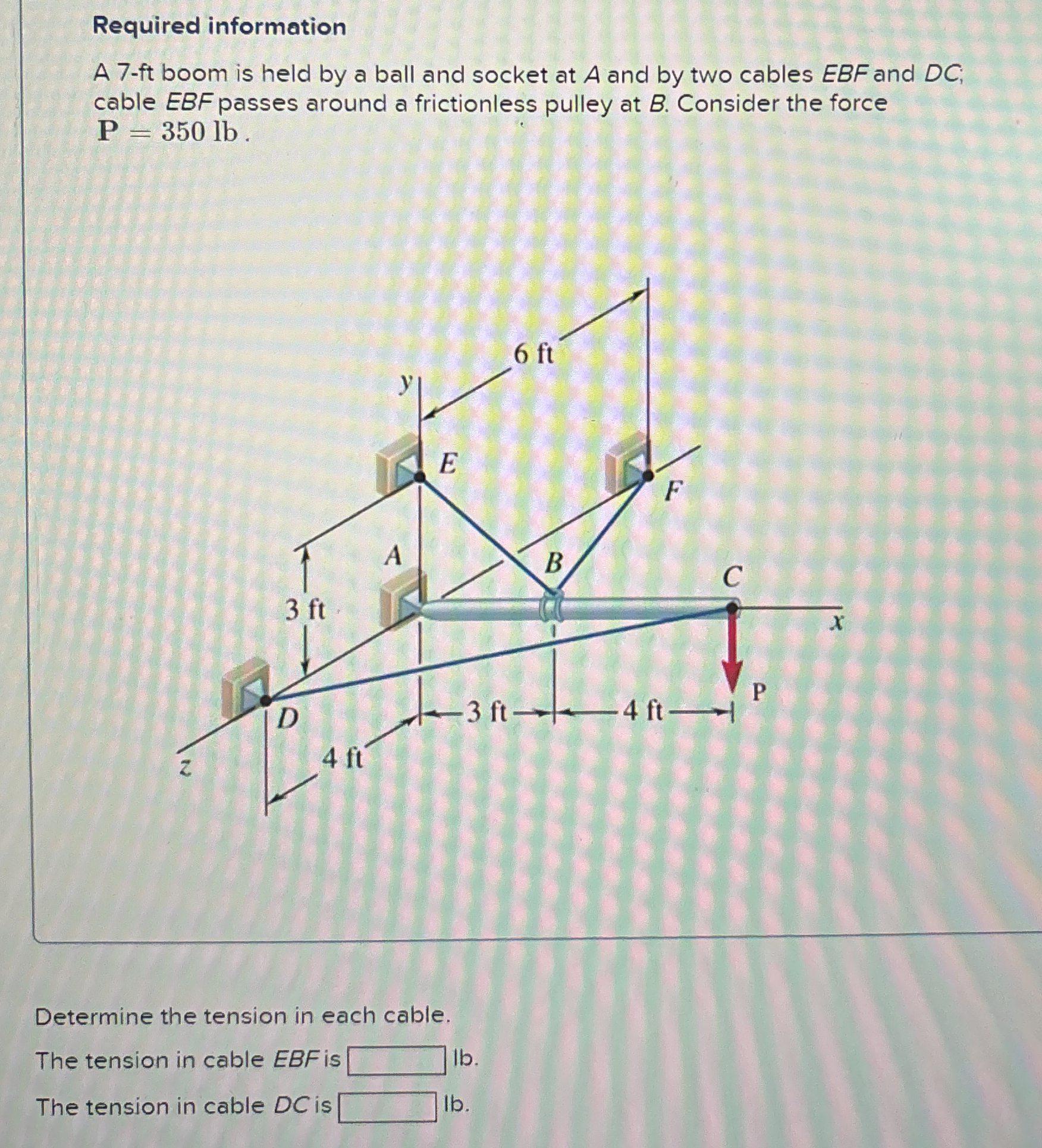 A 7 - ft boom is held by a ball and socket at A