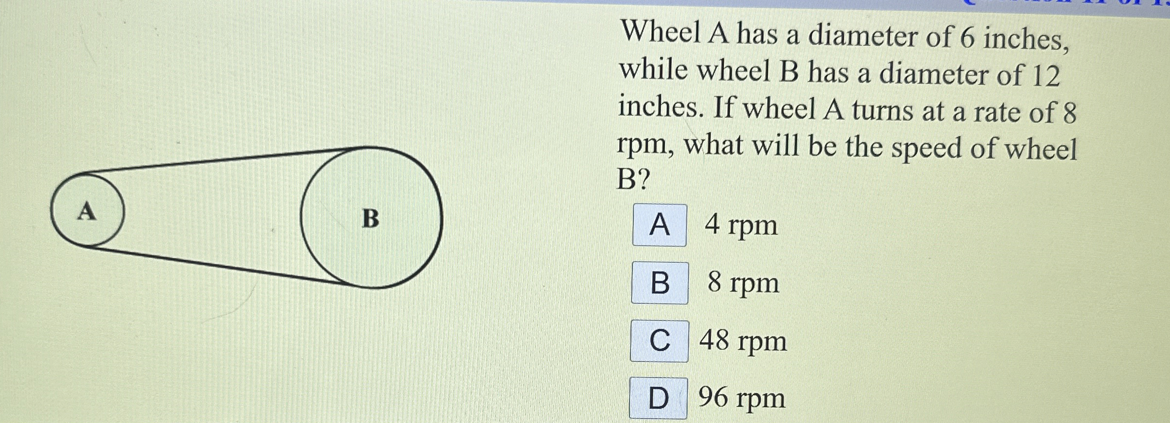 Wheel A has a diameter of 6 inches, while wheel B