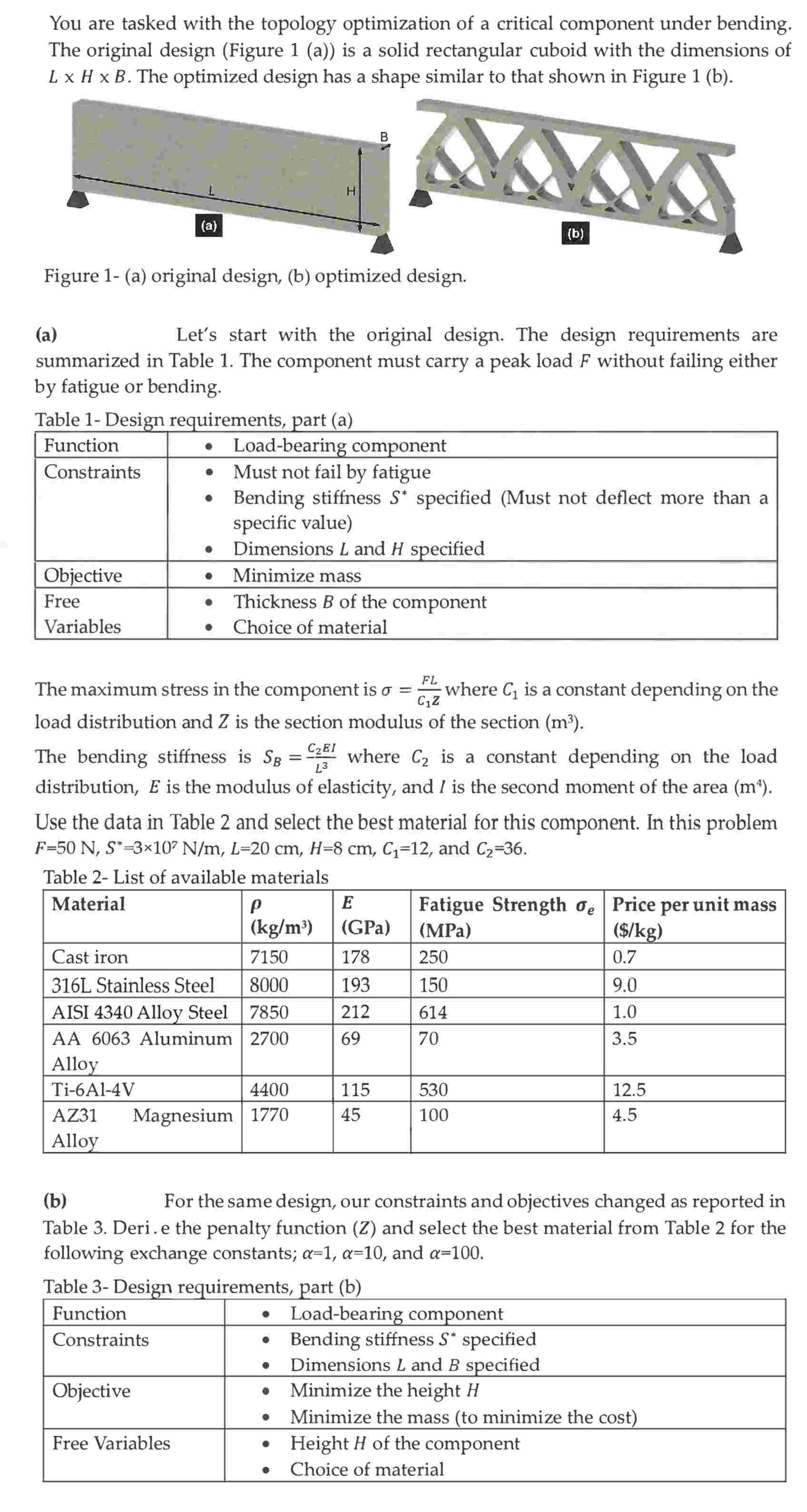 Table 1 - Design requirements, part ( a ) The