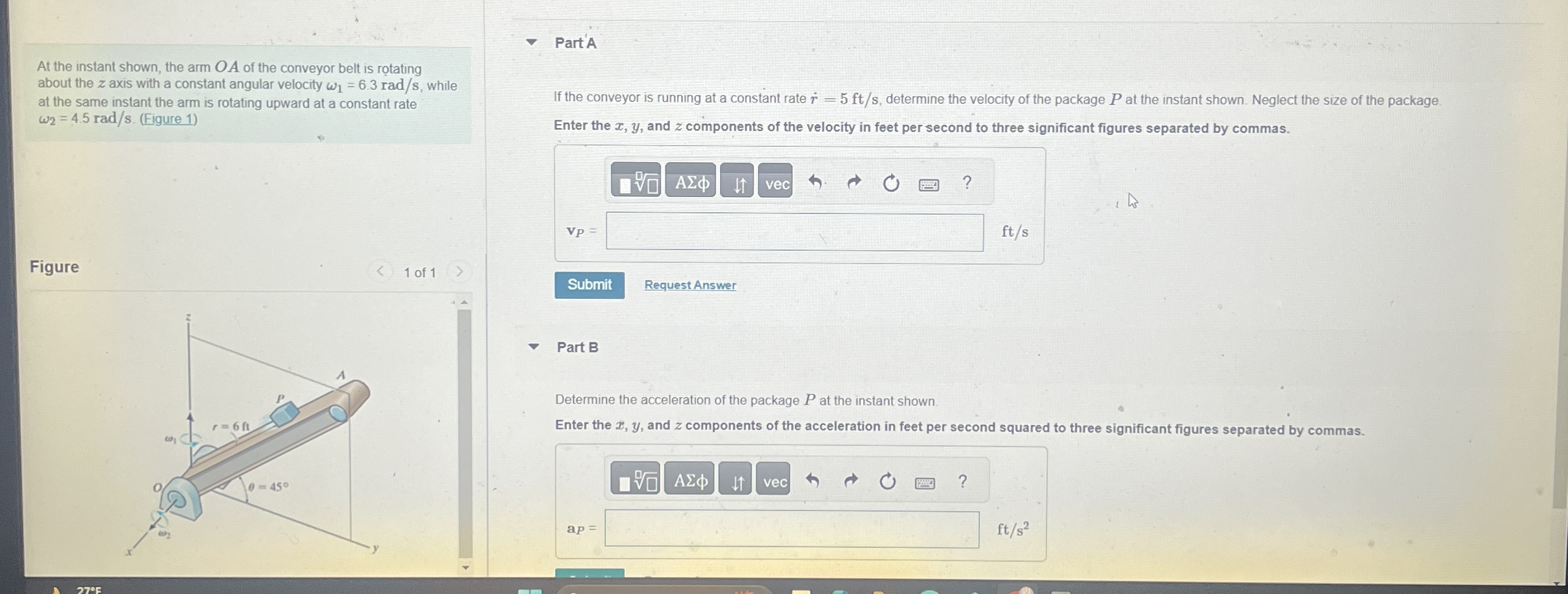 At the instant shown, the arm O A of the conveyor