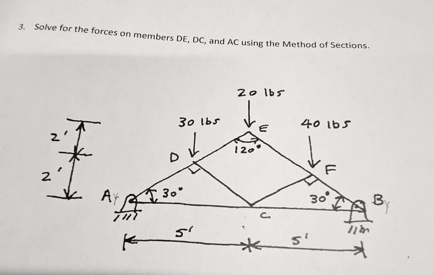 Solve for the forces on members DE , DC , and AC