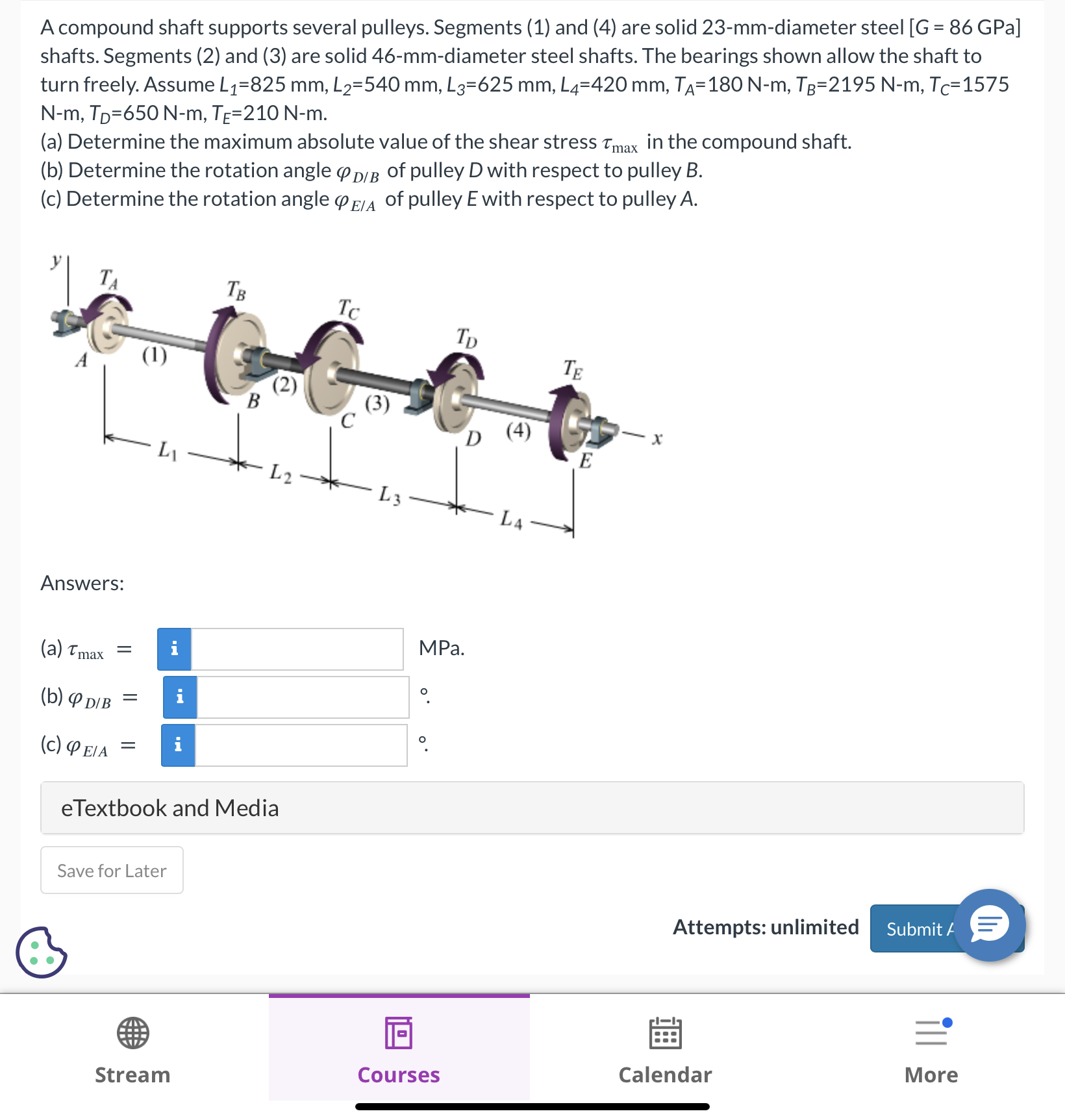A compound shaft supports several pulleys.