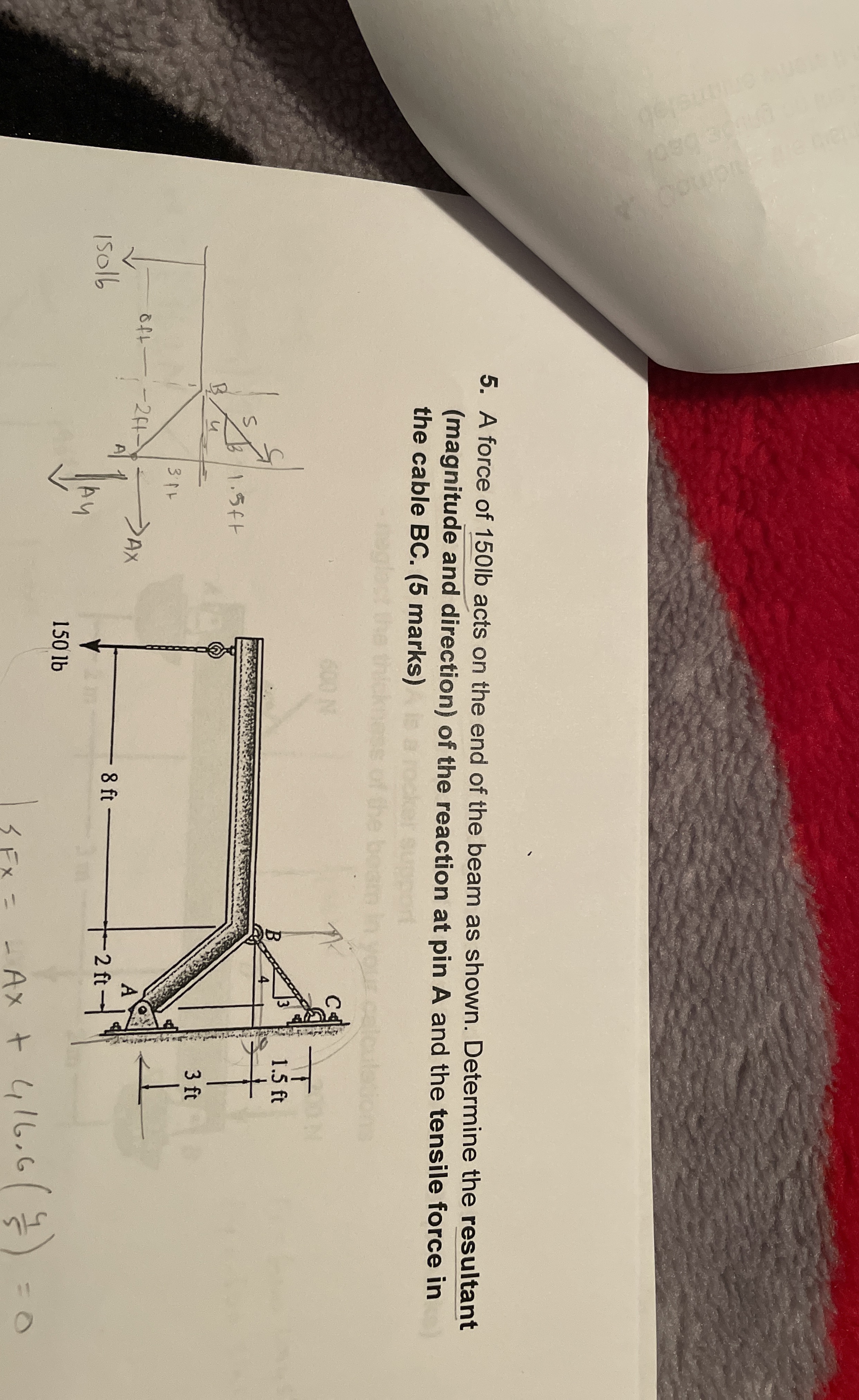 A force of 1 5 0 lb acts on the end of the beam