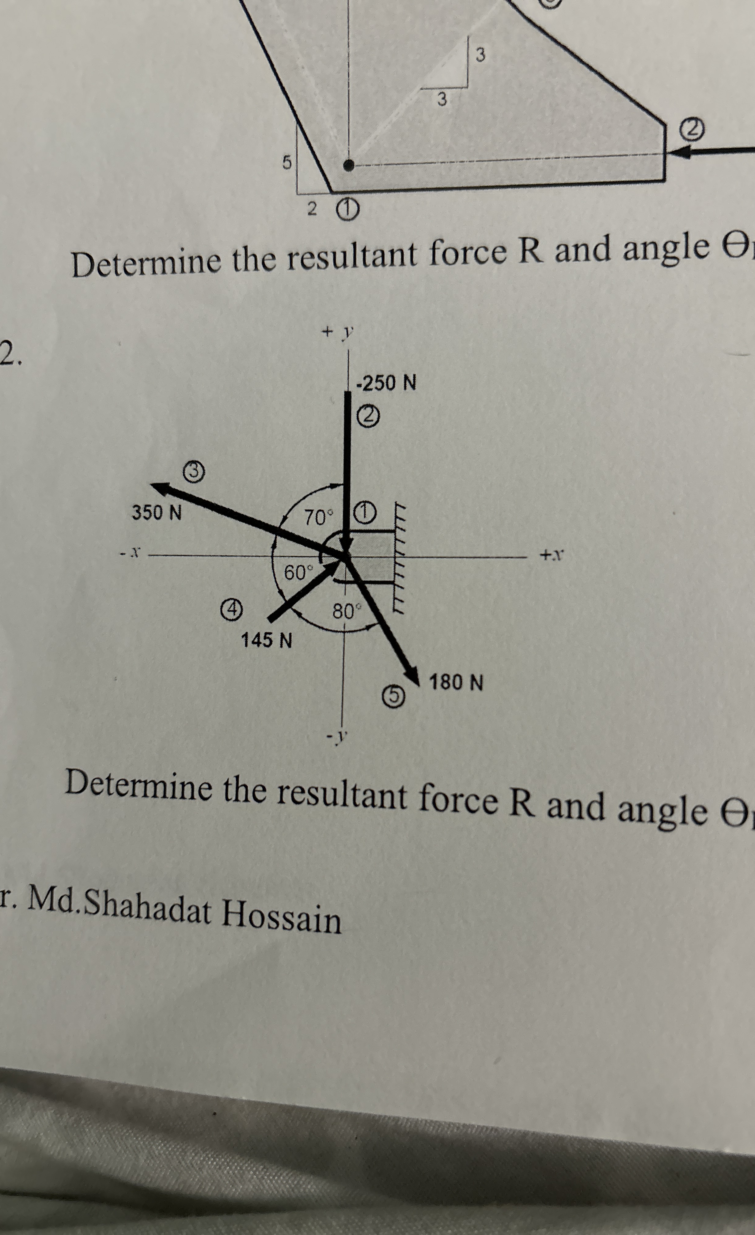 Determine the resultant force R and angle 2 .