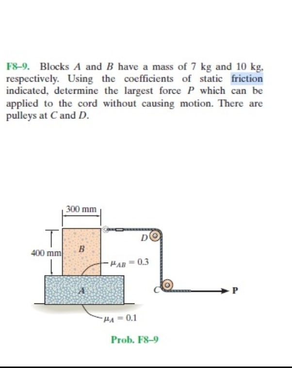 F 8 - 9 . Blocks A and B have a mass of 7 kg and