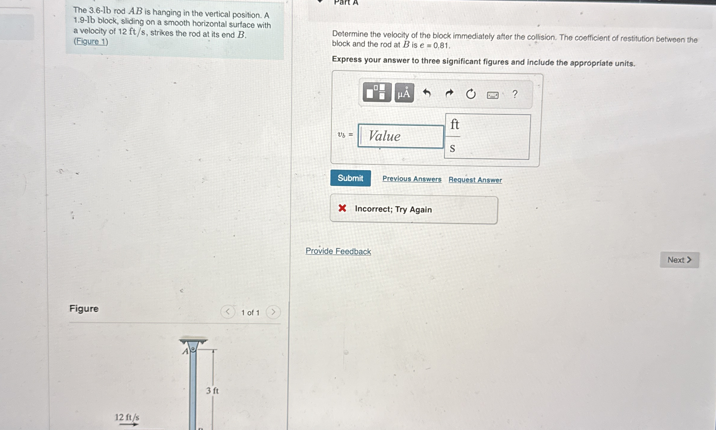 The 3 . 6 - lb rod A B is hanging in the vertical