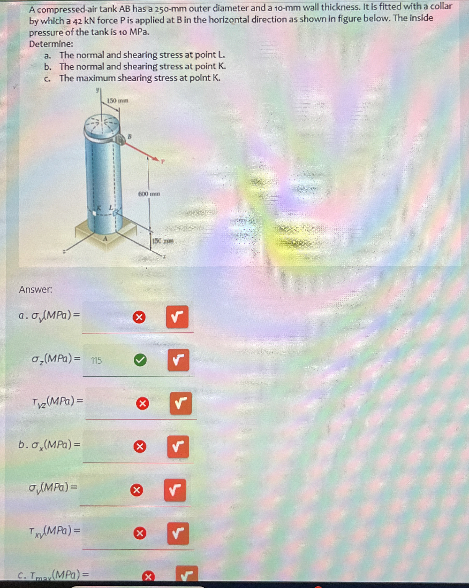 A compressed - air tank AB has a 2 5 0 - mm outer