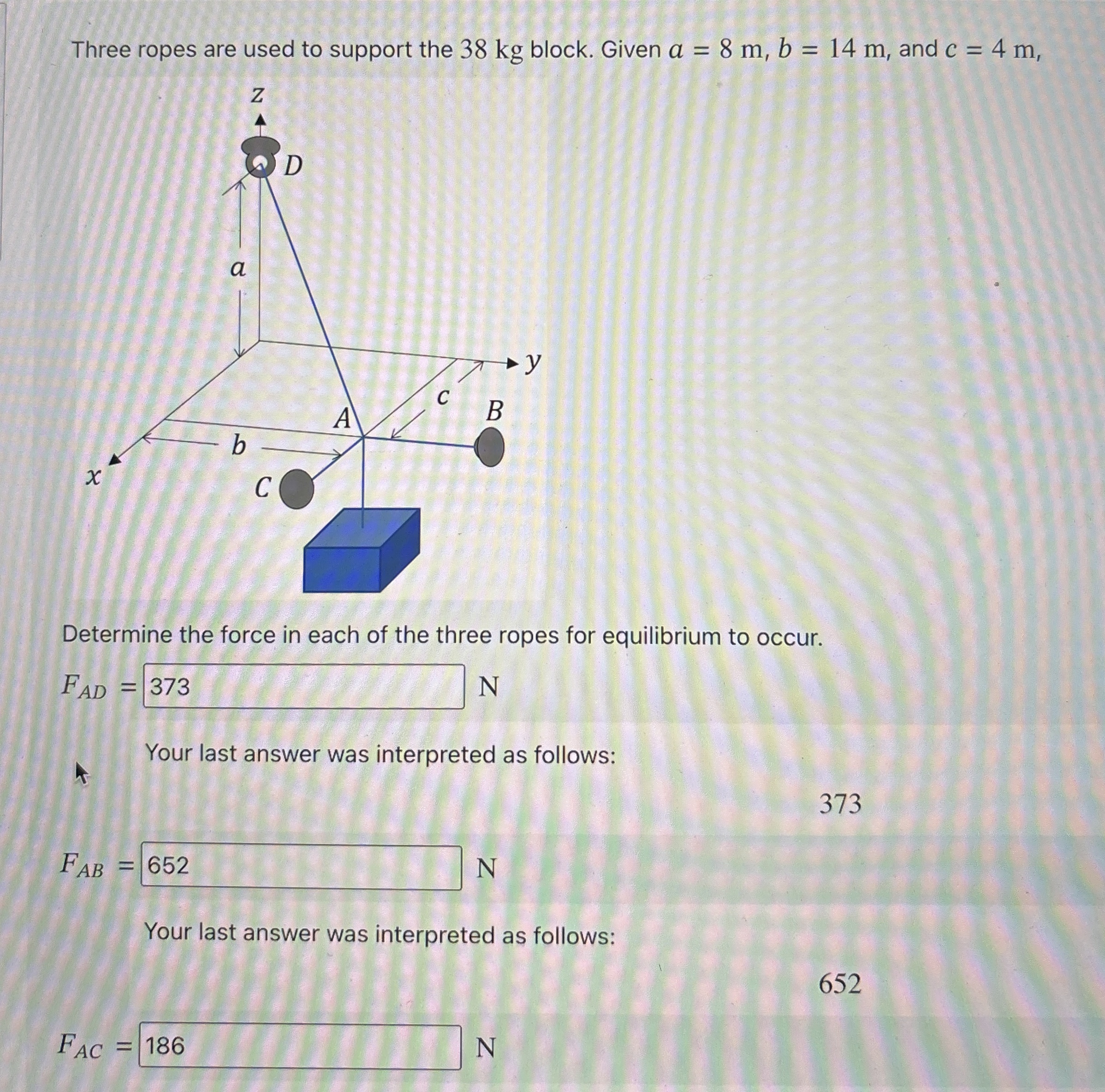 Three ropes are used to support the 3 8 kg block.