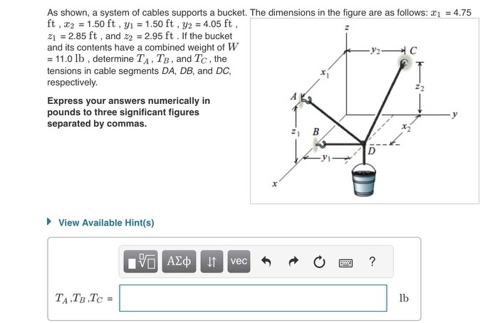 As shown, a system of cables supports a bucket.