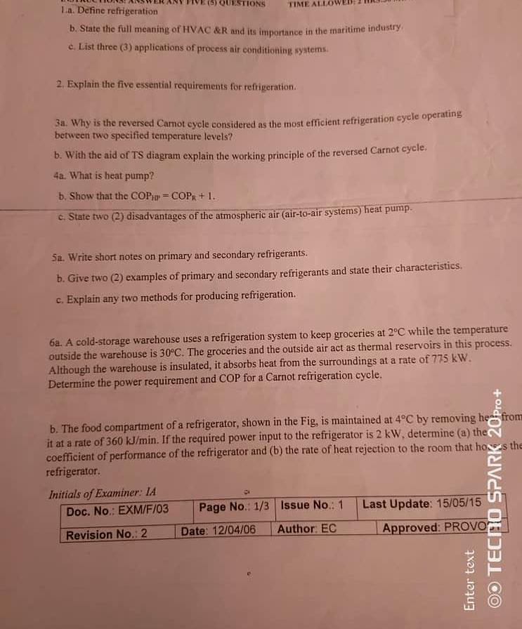 L . a . Define refrigeration b . State the full