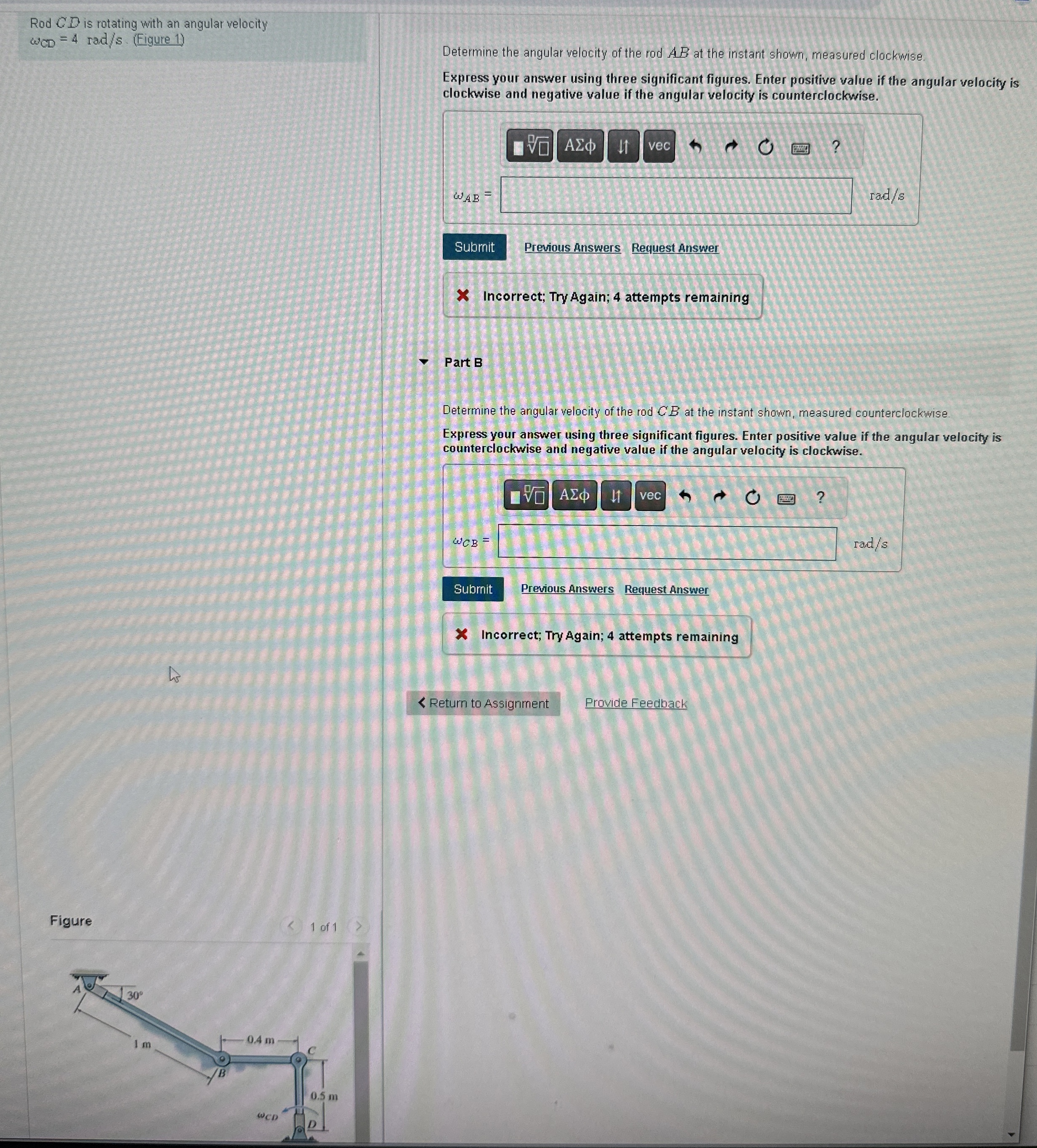 Rod C D is rotating with an angular velocity C D