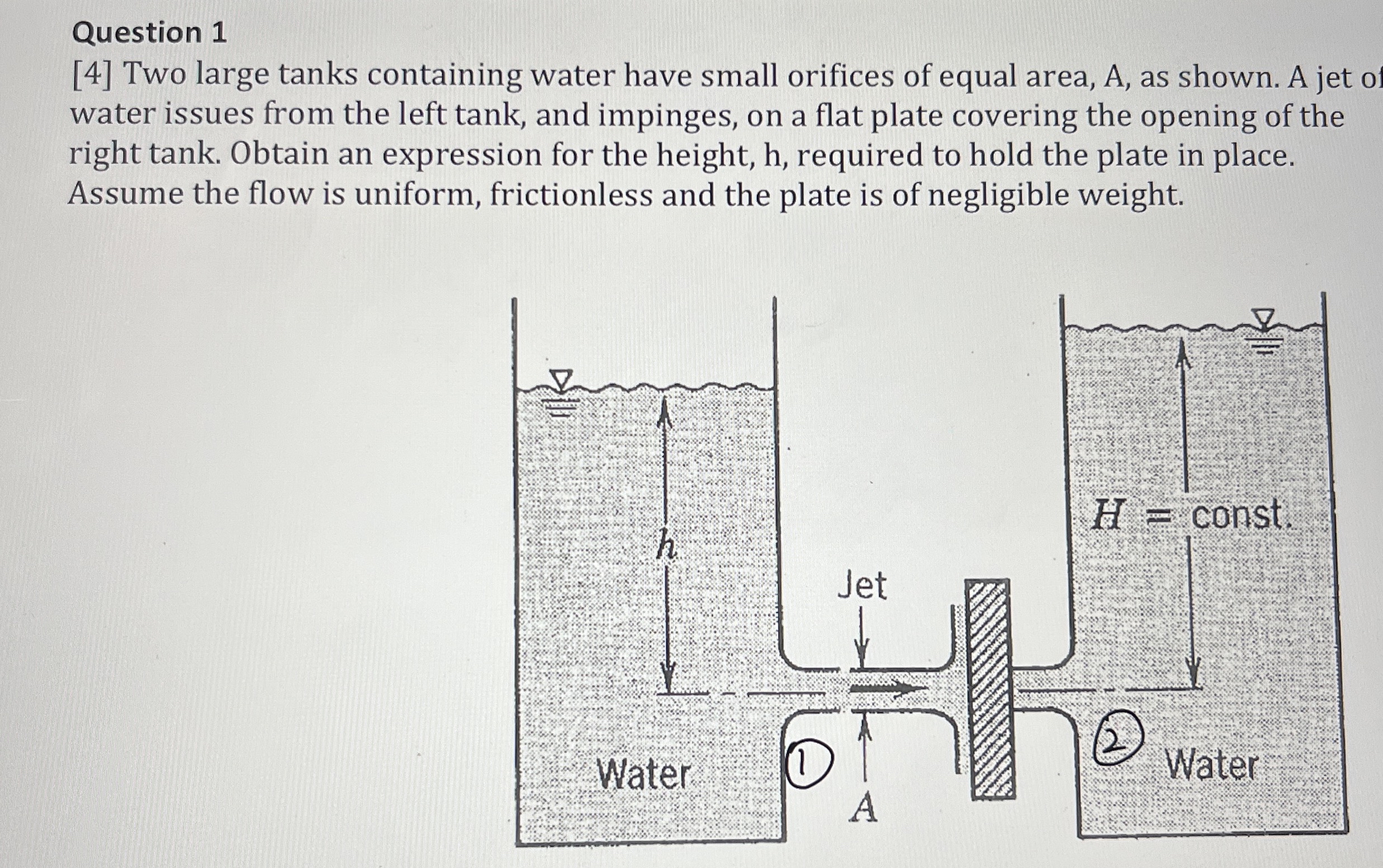 Question 1 [ 4 ] Two large tanks containing water