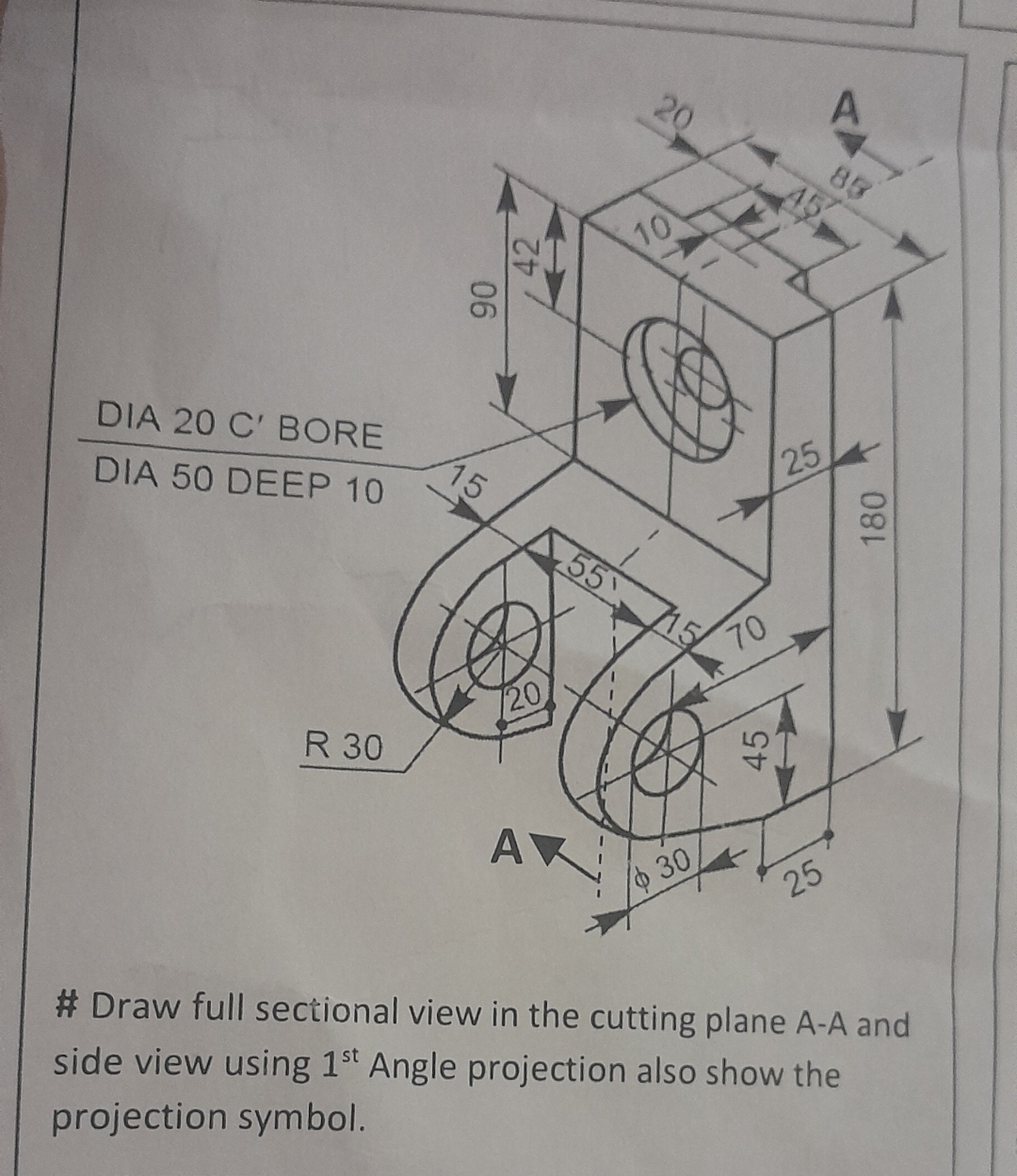 # Draw full sectional view in the cutting plane A