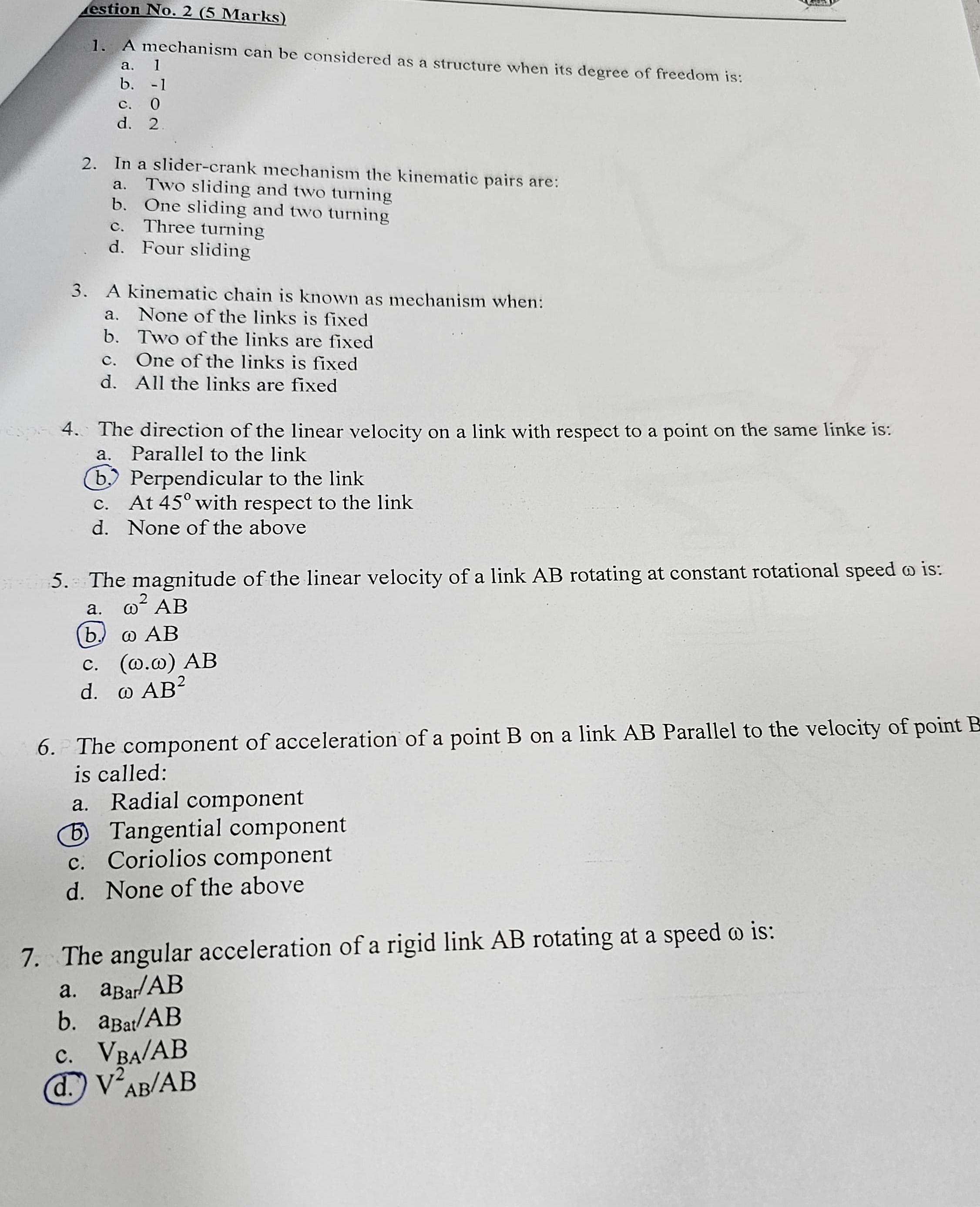 ( estion No . 2 ( 5 Marks ) A mechanism can be