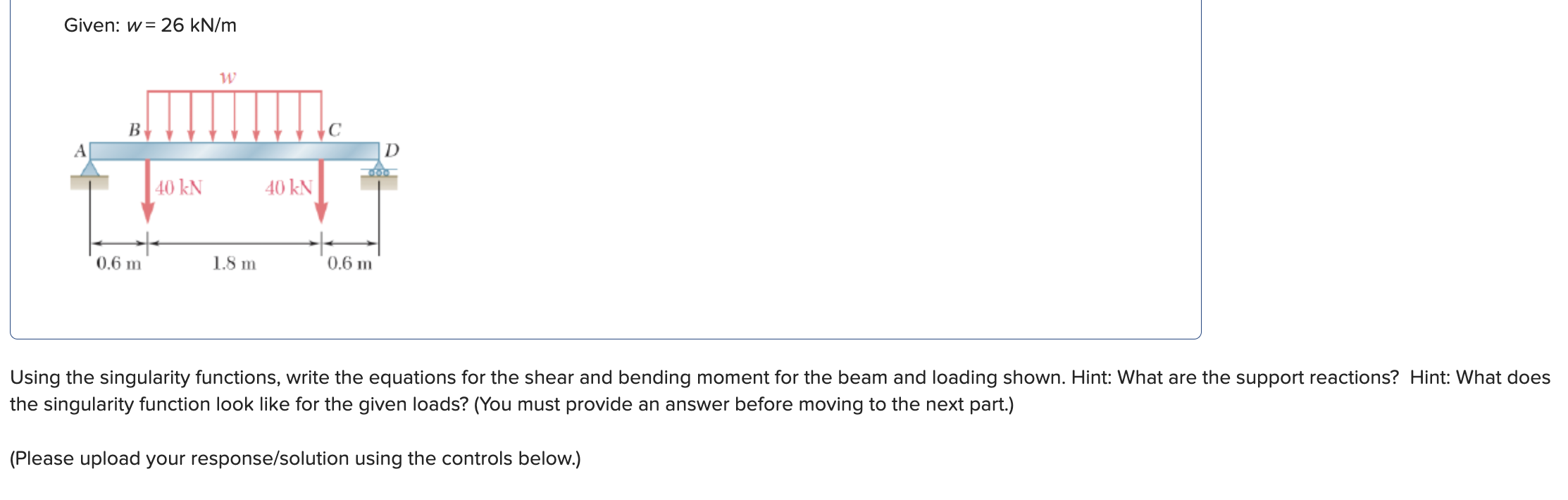Given: w = 2 6 kN / m Using the singularity