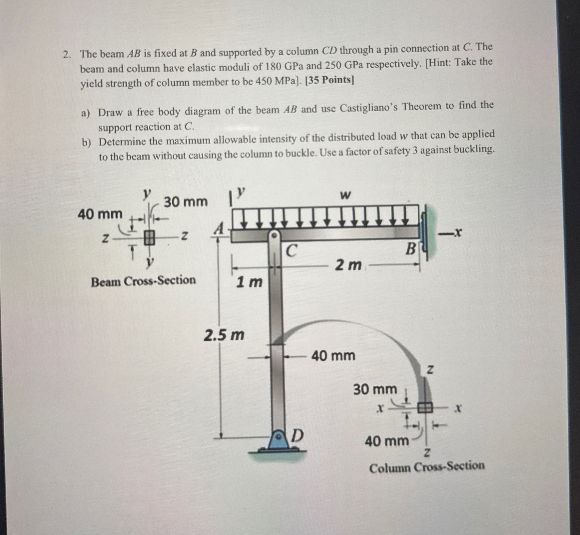 The beam A B is fixed at B and supported by a
