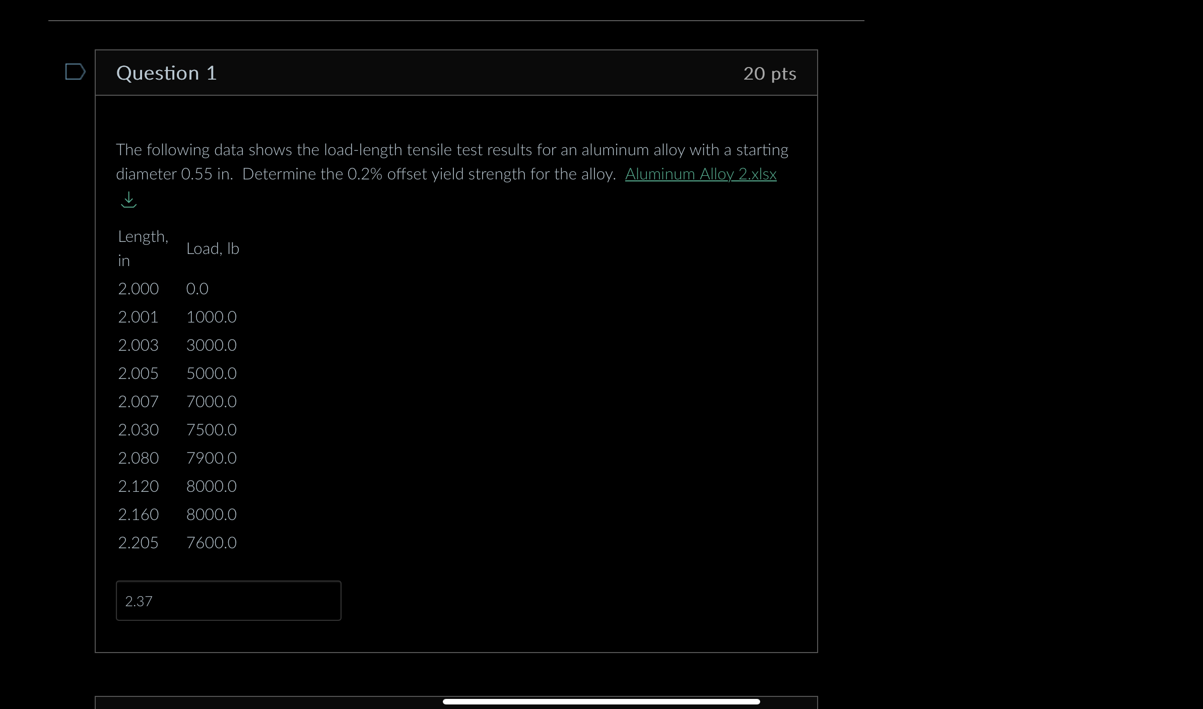 Question 1 2 0 pts The following data shows the