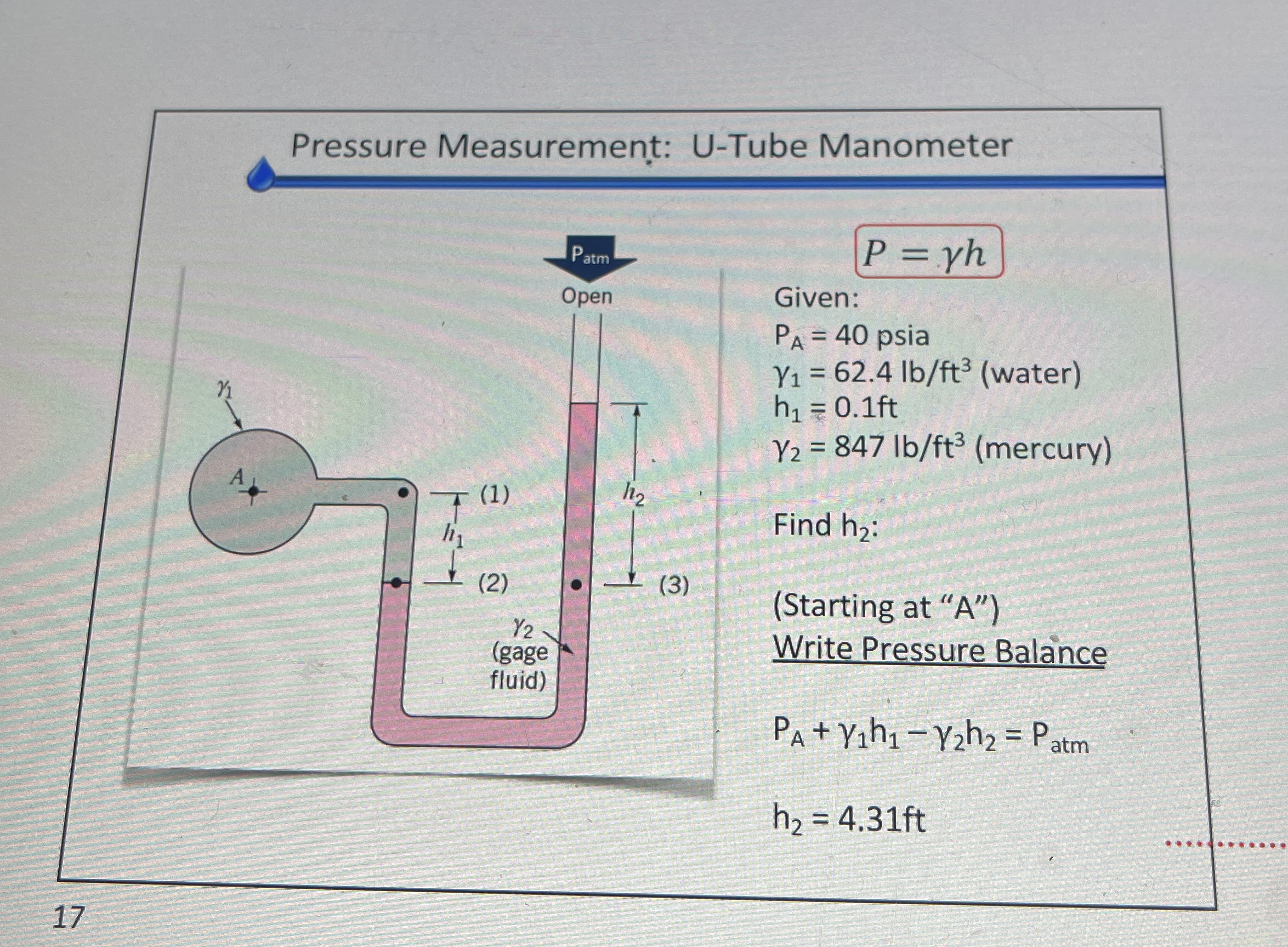 Pressure Measurement: U - Tube Manometer Solve H 2
