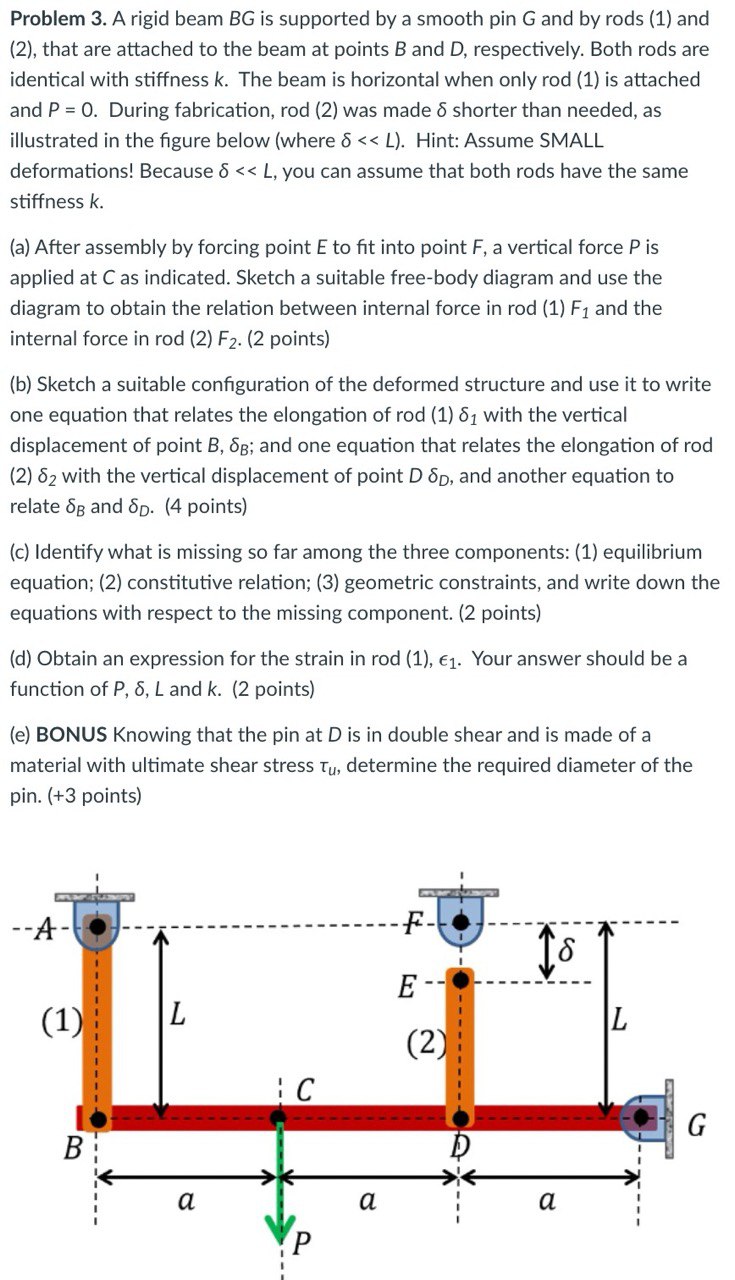 Problem 3 . A rigid beam B G is supported by a