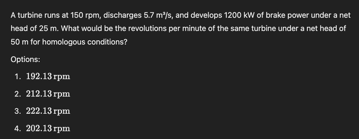 A turbine runs at 1 5 0 rpm , discharges \ ( 5 .
