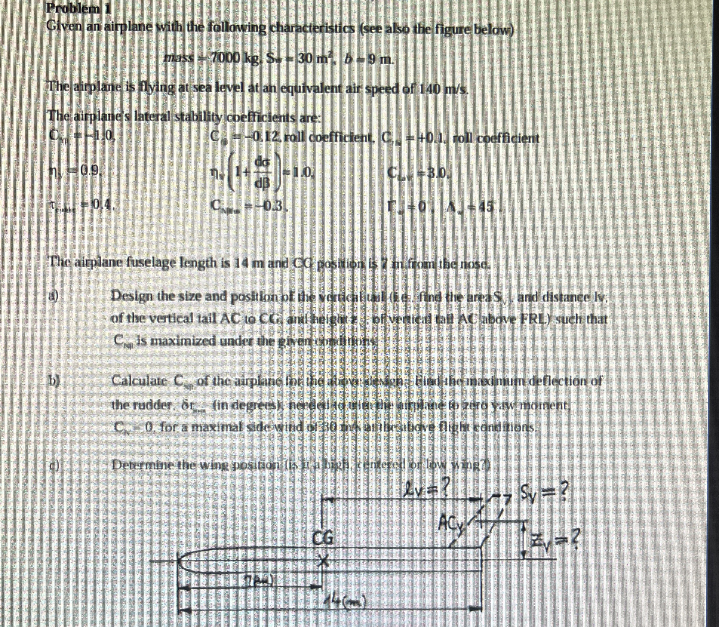 Problem 1 Given an airplane with the following