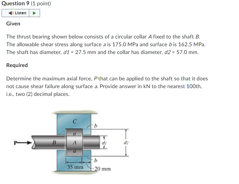 Given The thrust bearing shown below consists of
