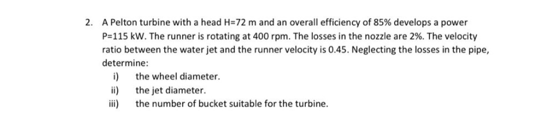 A Pelton turbine with a head H = 7 2 m and an
