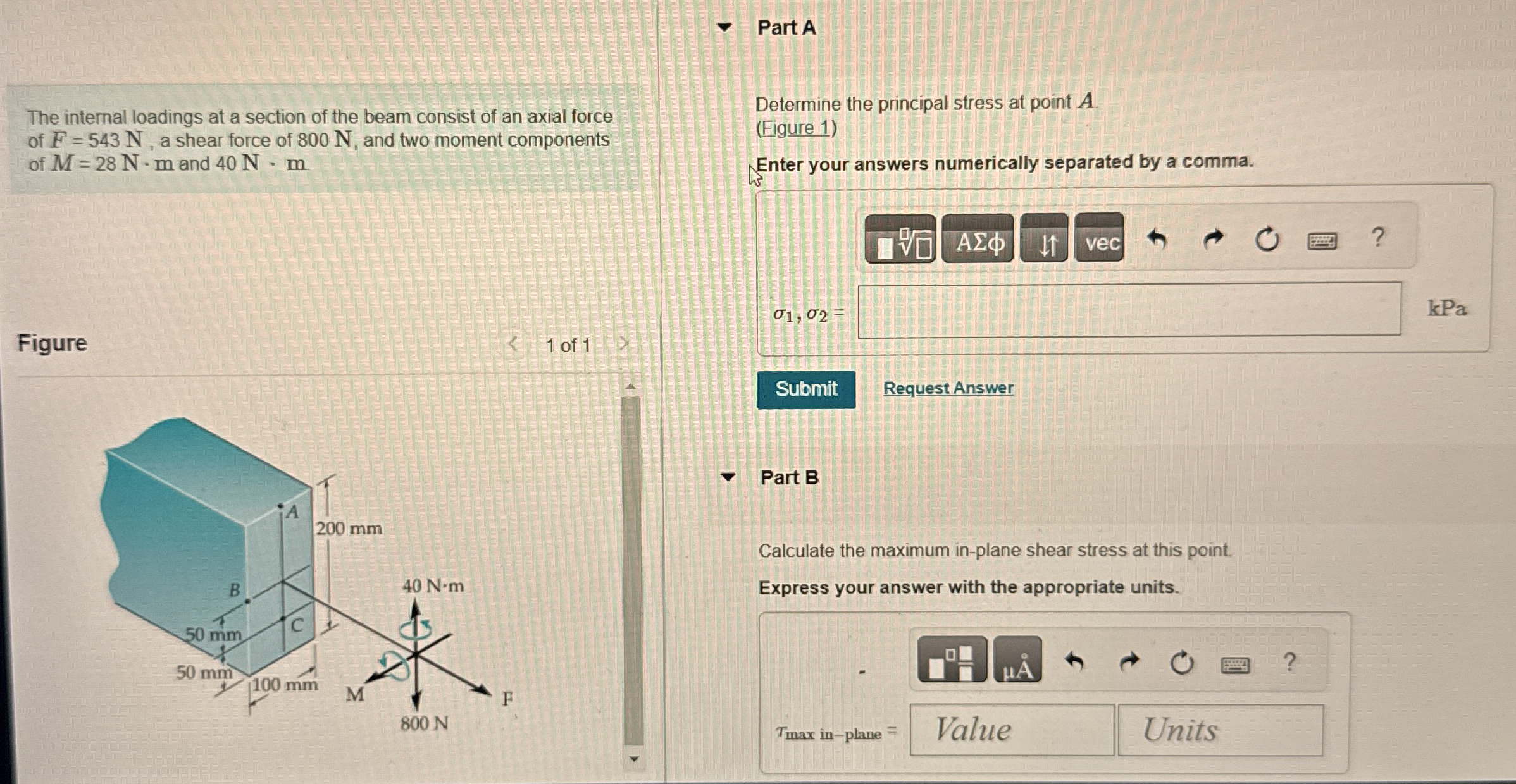 The internal loadings at a section of the beam