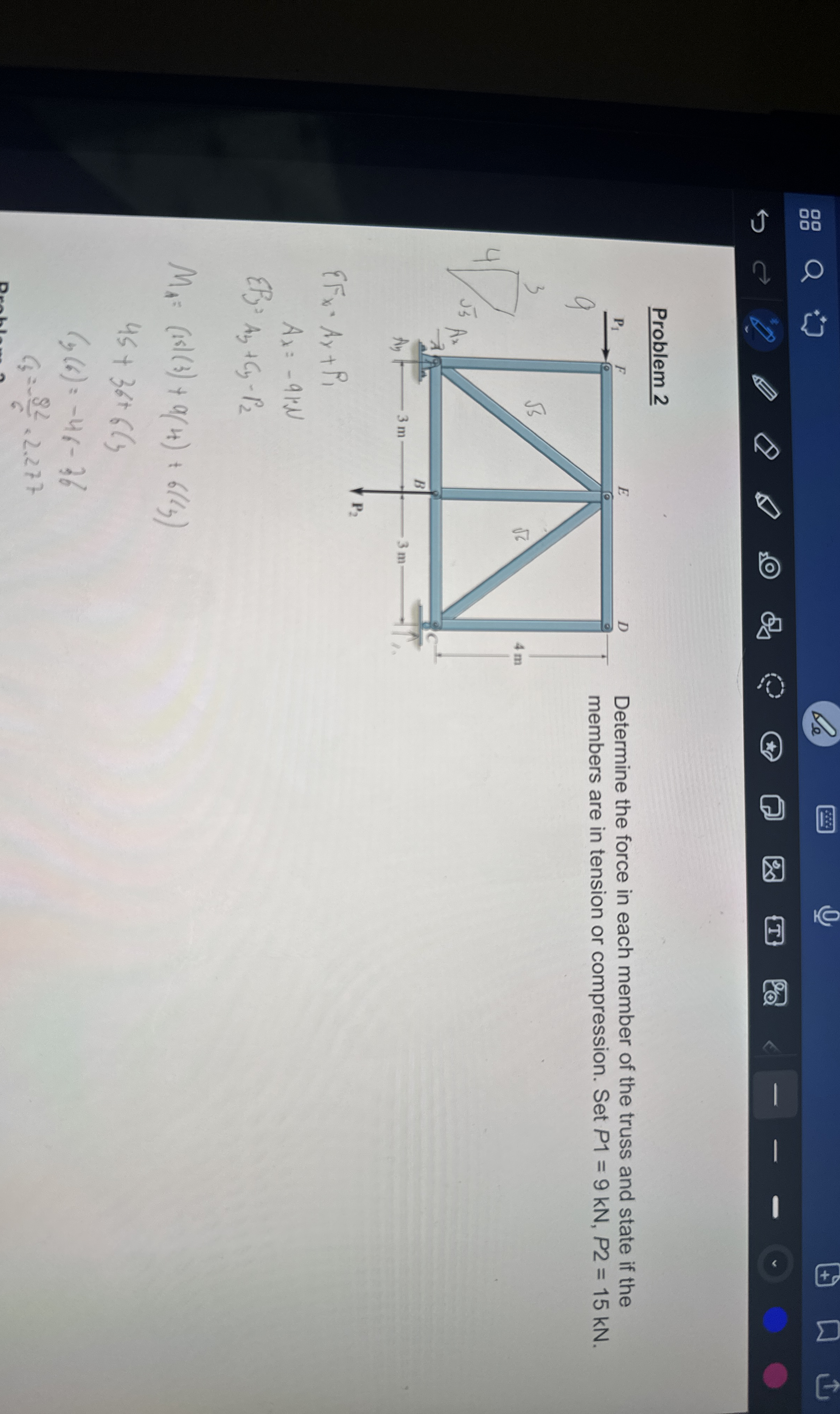 Problem 2 Determine the force in each member of