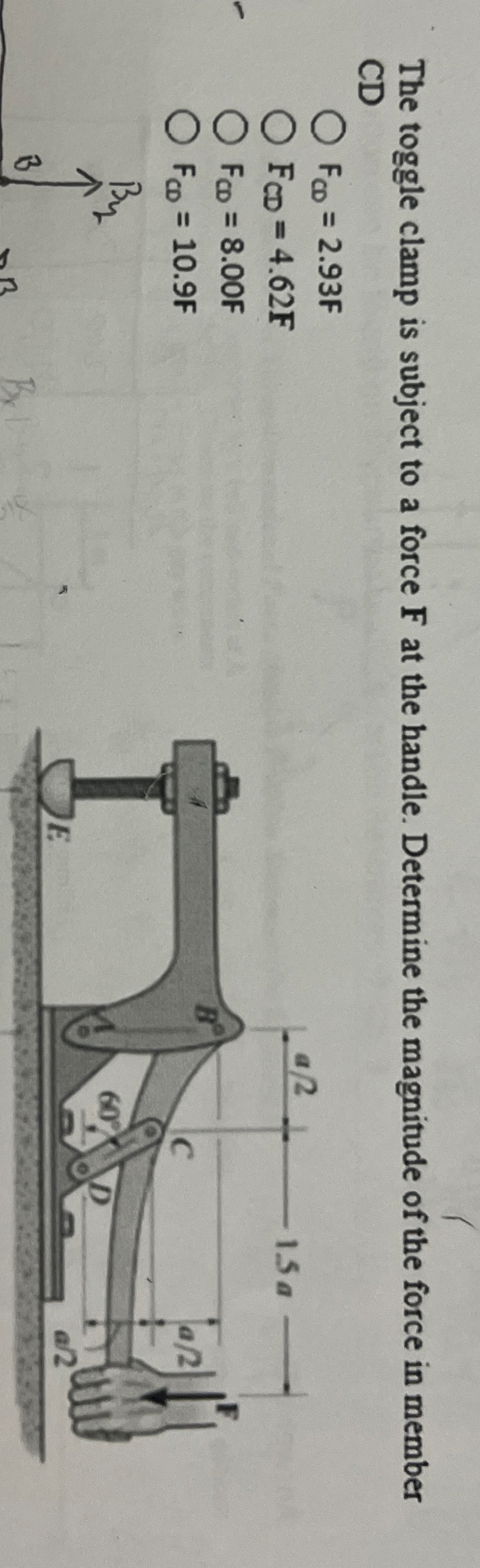 The toggle clamp is subject to a force F at the