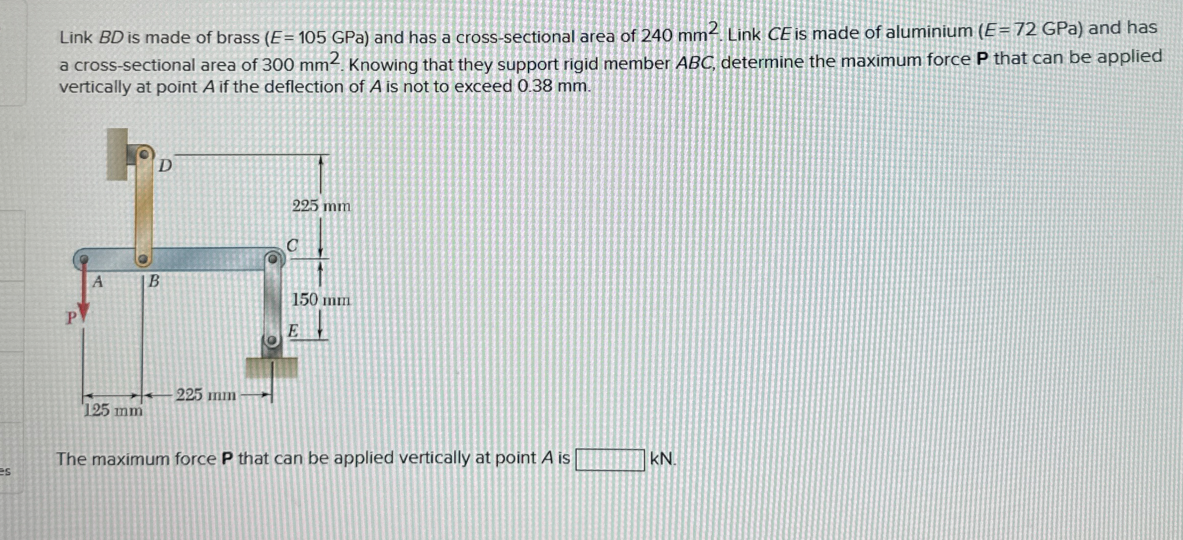 Link B D is made of brass ( E = 1 0 5 GPa ) and