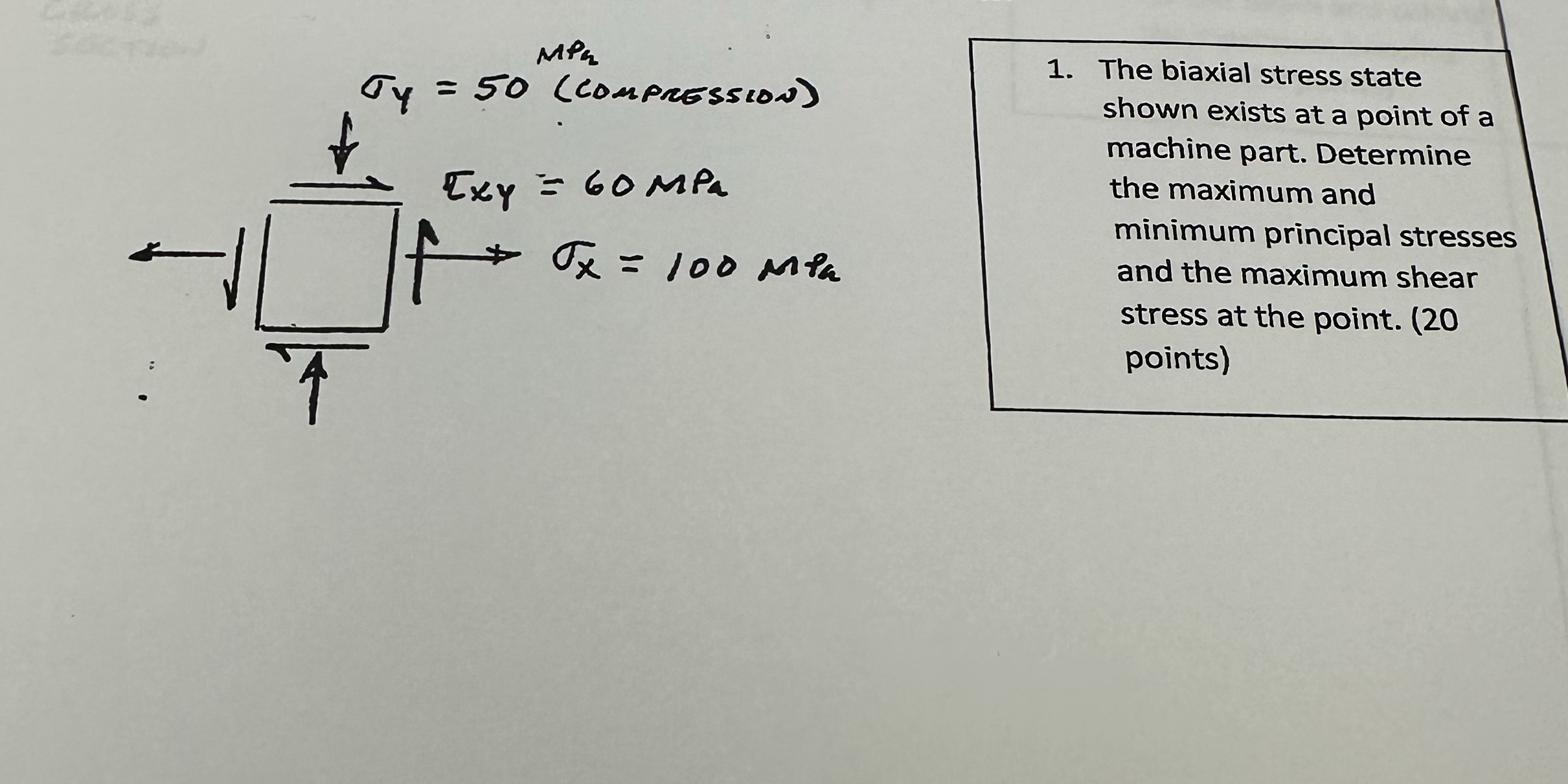 The biaxial stress state shown exists at a point