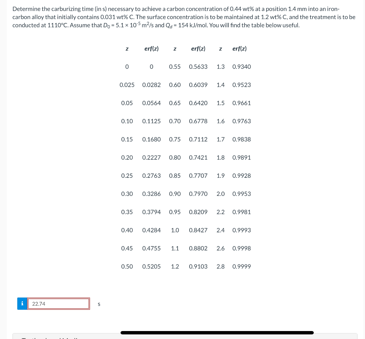 Determine the carburizing time ( in s ) necessary