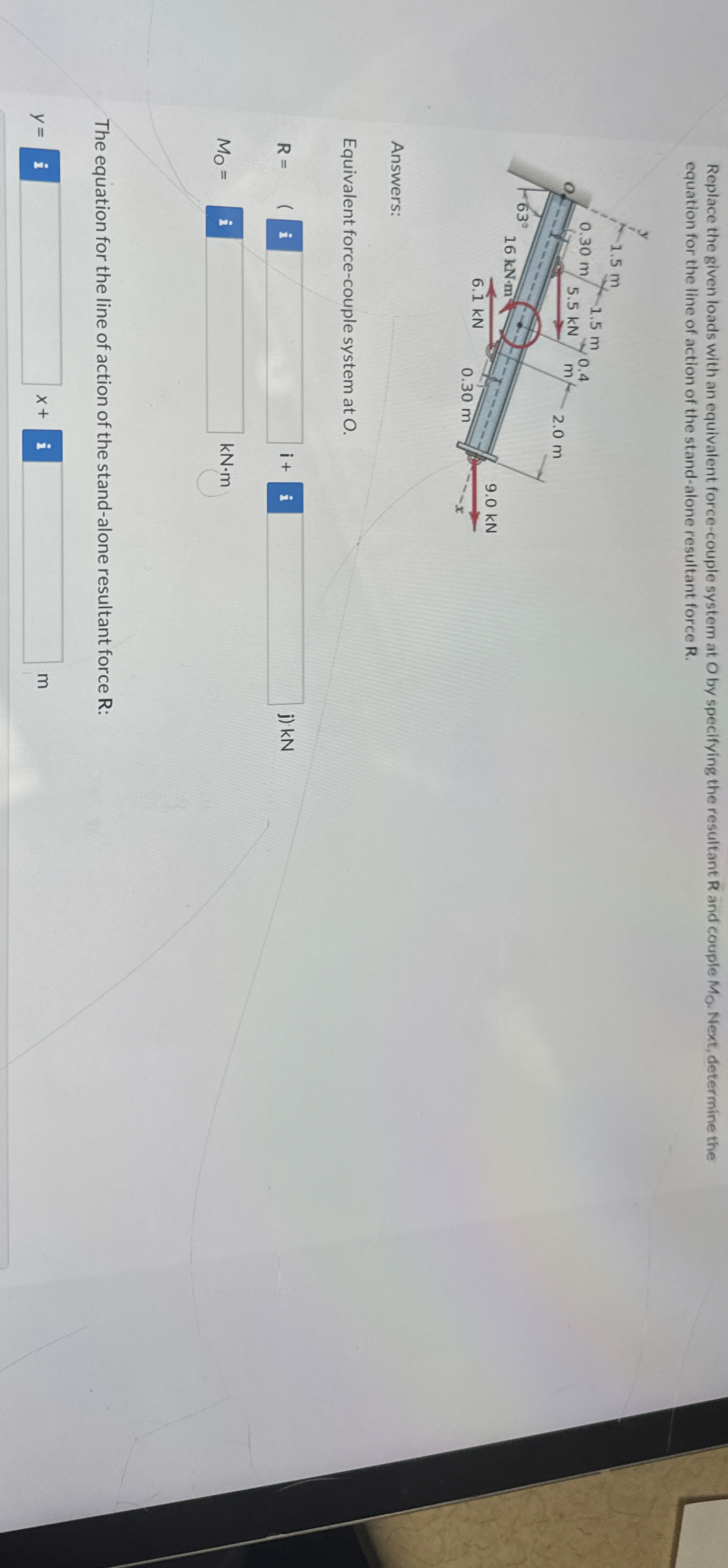Replace the given loads with an equivalent force